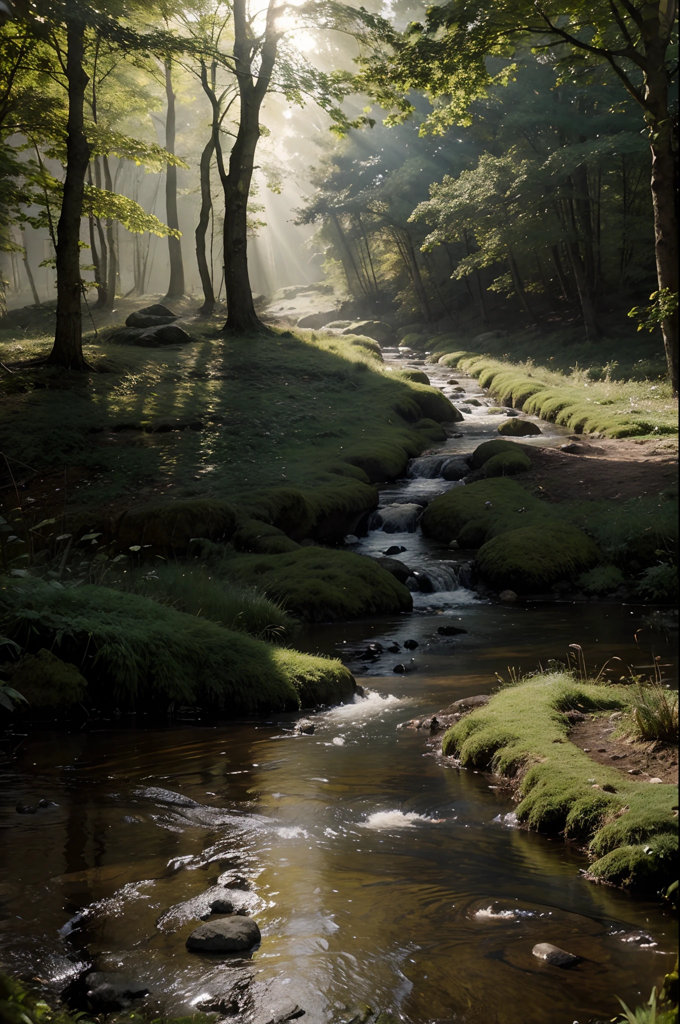 Oil painting. Realistic environment, a little dark and tense. a natural stone path and a small stream flows through large stones into a large puddle in front of us. to the clearing. Deaf, forested area. Lots of details. Pronounced sun rays. Light fog.