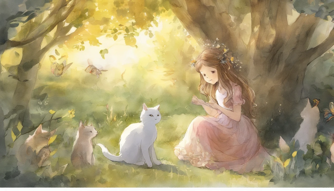 Meet in a sunny park、A girl staring at each other and a light gray cat 10years old girl、I have chestnut hair Fantastic and happy feelings watercolor paiting The overall design is classic.、The color is dark yellow Picture book illustrations