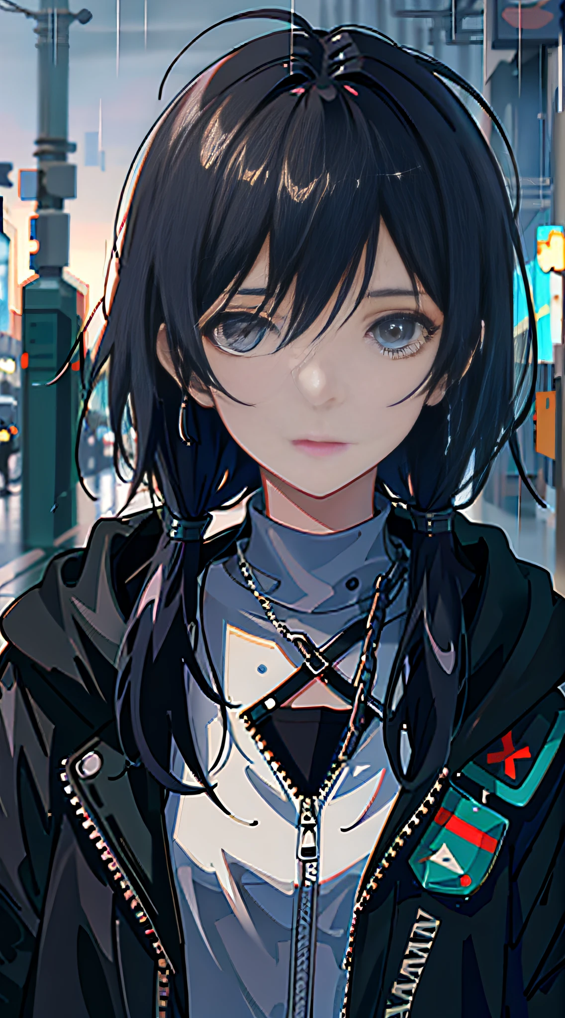 1girl, jacket, rain, outdoor, hoodie, open jacket, chain, backpack, looking at another, messy hair, trending on artstation, 8k resolution, highly detailed, anatomically correct, sharp image, digital painting, concept art, trending on pixiv, style of makoto shinkai,
