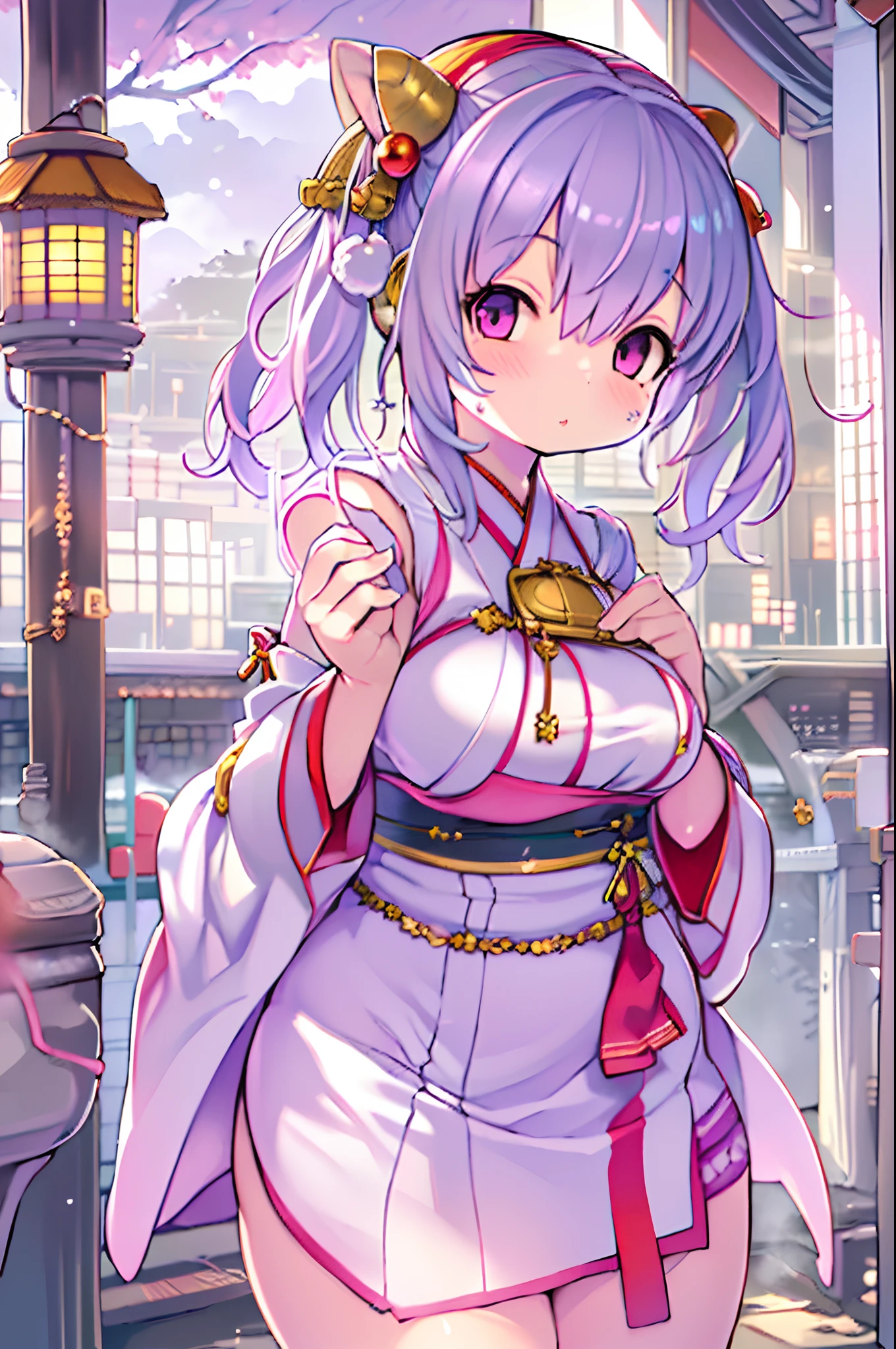 (Best Quality:1.4), hight resolution, masutepiece,, 1girl in,, Light purple hair, Purple eyes, (Kemomimi), medium breasts, bare slim thighs,, Hair Ornament, (Red|White Japan priestess uniform), Detached sleeves,, blush,, lantern, shrines,, Detailed face,