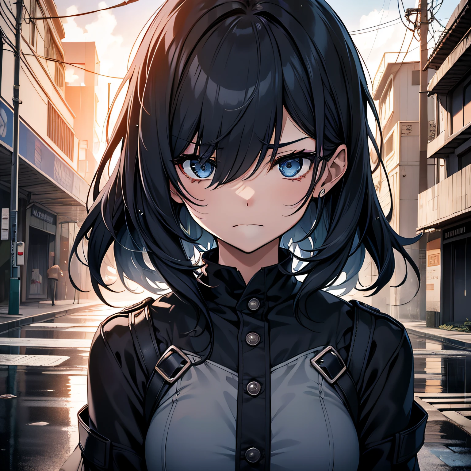 Anime girl with blue eyes and black hair standing in the rain - SeaArt AI
