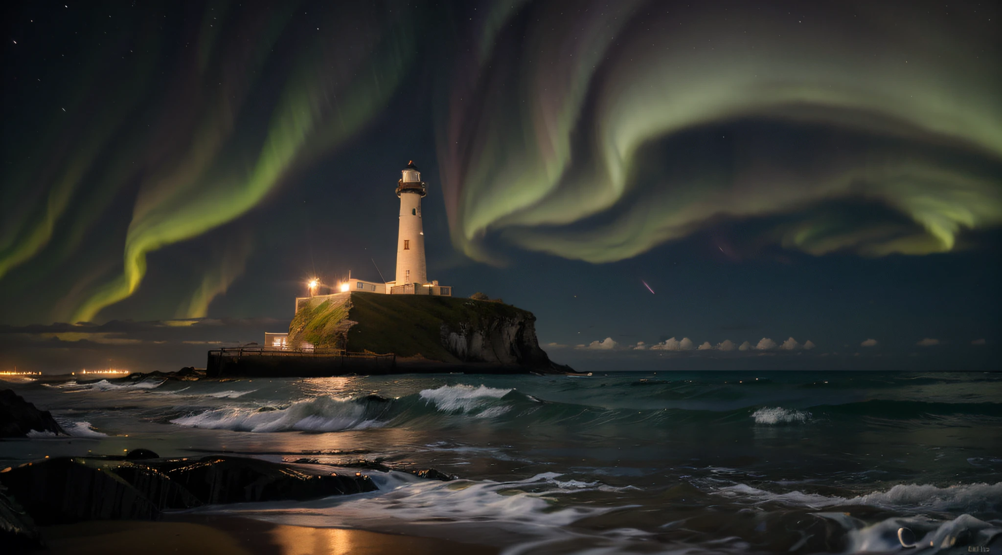 long exposure photograph, A single old red and white lighthouse on a deserted beach at night, costa da Noruega, Very dark sky with no moon, uma bela aurora boreal com cores vibrantes(Aurora with intense and vibrant colors of green and purple), Wreckage of an old ship off the coast, 4k, altamente detalhado, farol ricamente detalhado, detalhes intrincados