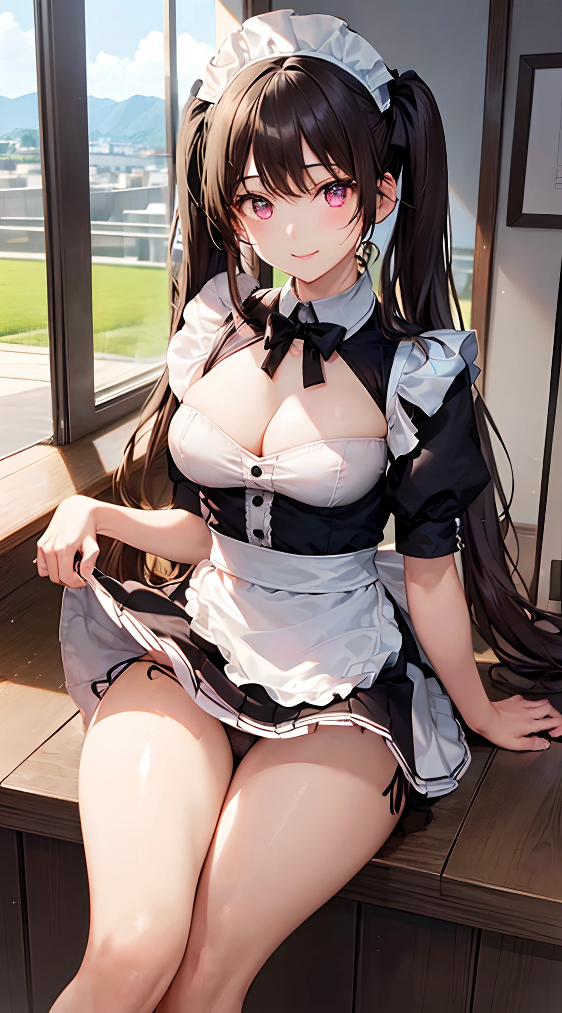 (perfect anatomy, anatomically correct, super detailed skin), 1 mature woman, solo, japanese, (detailed ultra-oily shiny skin:1.1), watching the view, (smile:1.5, happiness),
(stylish hair ornament, frilly maid style costume, (maid cafe costume, pleated mini-skirt:1.5, sheer thin panties:1.2)),
beautiful hair, beautiful face, beautiful detailed eyes, pink eyes, (long hair:1.5, twin tails :1.7), brown hair, (large breasts:1.2), (cute face), (Ideal ratio body proportions),
beautiful clavicle, beautiful body, beautiful chest, beautiful thigh, beautiful legs, breast, bare foot, bare arm, slender, small buttocks, skinny legs,
(beautiful scenery), concafe, ((stylish maid cafe)), maid cafe popular staff, menu card, name tags, drinks, food,
(8k, top-quality, masterpiece:1.2, extremely detailed), (photorealistic), beautiful art, visual art, depth of fields, cinematic lighting, surrealism, elaborate design,
