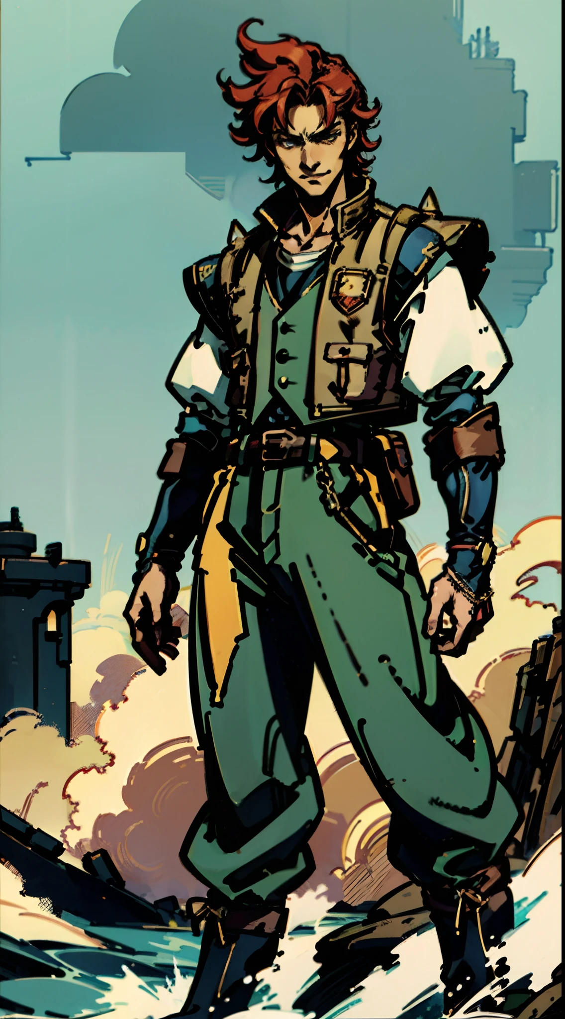 A teenage boy, short brown hair, spiked in the middle with a tuft of red hair, sharp gaze, a playful smile, a fantasy-style two-piece outfit, a dark-colored tight-fitting undershirt, a light-colored vest with wave patterns, a multifunctional belt, utility trousers, the surroundings depict swiftly flowing air, a high-speed blurred background, conveying a sense of speed, this character embodies a finely crafted fantasy-realistic style adventurer in anime style, characterized by an exquisite and mature manga illustration art style, high definition, best quality, highres, ultra-detailed, ultra-fine painting, extremely delicate, professional, anatomically correct, symmetrical face, extremely detailed eyes and face, high quality eyes, creativity, RAW photo, UHD, 8k, Natural light, cinematic lighting, masterpiece--perfect, masterpiece:1.5
