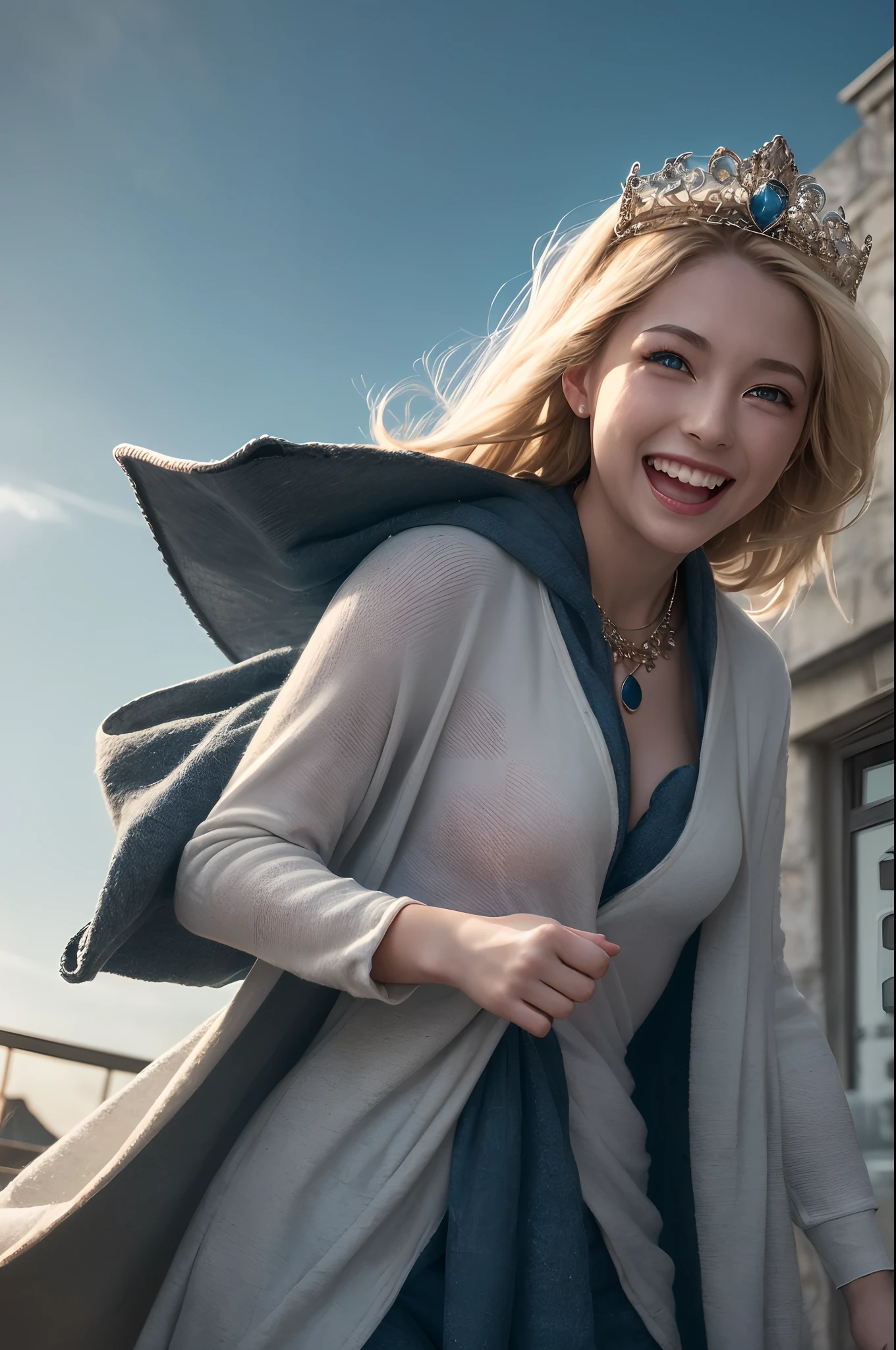 Young goddess, ((Her clothes are all flipping up by extremely strong wind):1.3), (wearing robe, tiara, necklace, blonde hair, blue eyes), (in the nordic nature), (laughing), (cinematic lighting, surrealism, god rays), (masterpiece, 8K highest resolution), wide view,