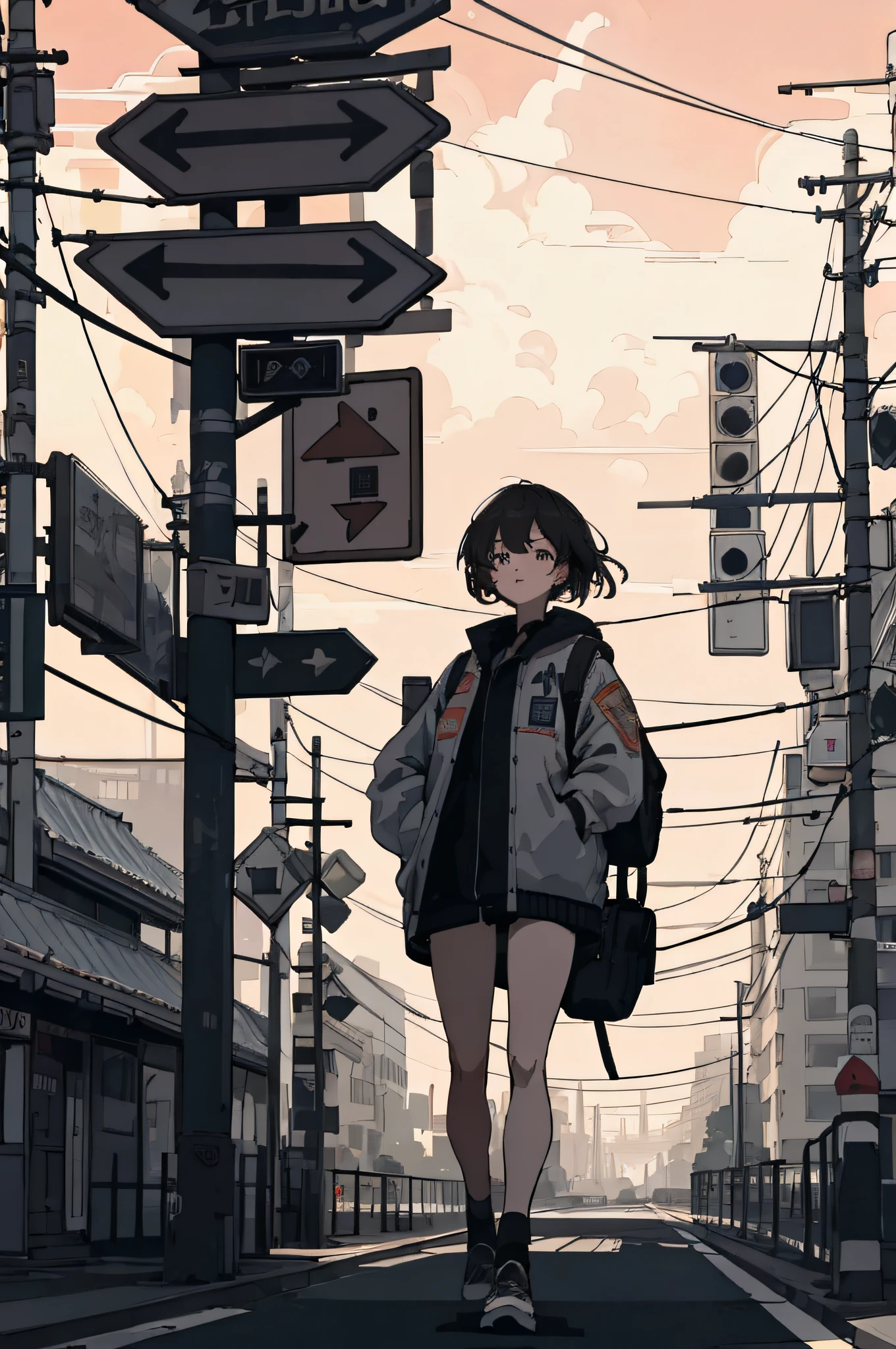 best quality, 4K wallpaper, masterpiece, extremely detailed CG unity 8k wallpaper, extremely detailed eyes, ultra-detailed, intricate details, 1girl, retro art style, retro art style,  public, outdoors, road sign, city,