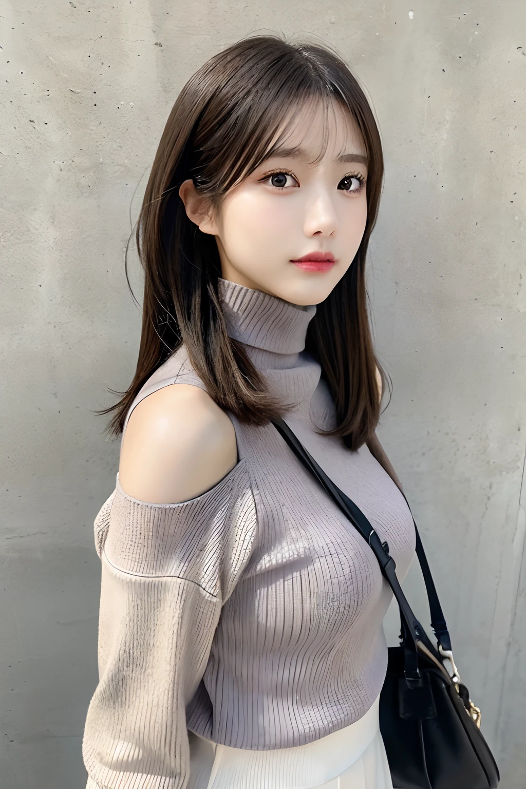 (Turtleneck knitwear、Shoulder bag)、(top-quality,​masterpiece:1.3,超A high resolution,),(ultra-detailliert,Caustics),(Photorealsitic:1.4,RAW shooting,)Ultra-realistic capture,A highly detailed,high-definition16Kfor human skin、 Skin texture is natural、、The skin looks healthy with an even tone、 Use natural light and color,One Woman,japanes,,kawaii,A dark-haired,Middle hair,(depth of fields、chromatic abberation、、Wide range of lighting、Natural Shading、)、(Hair swaying in the wind)、Concrete background、Top margin、Hair of uniform shape on the left and right