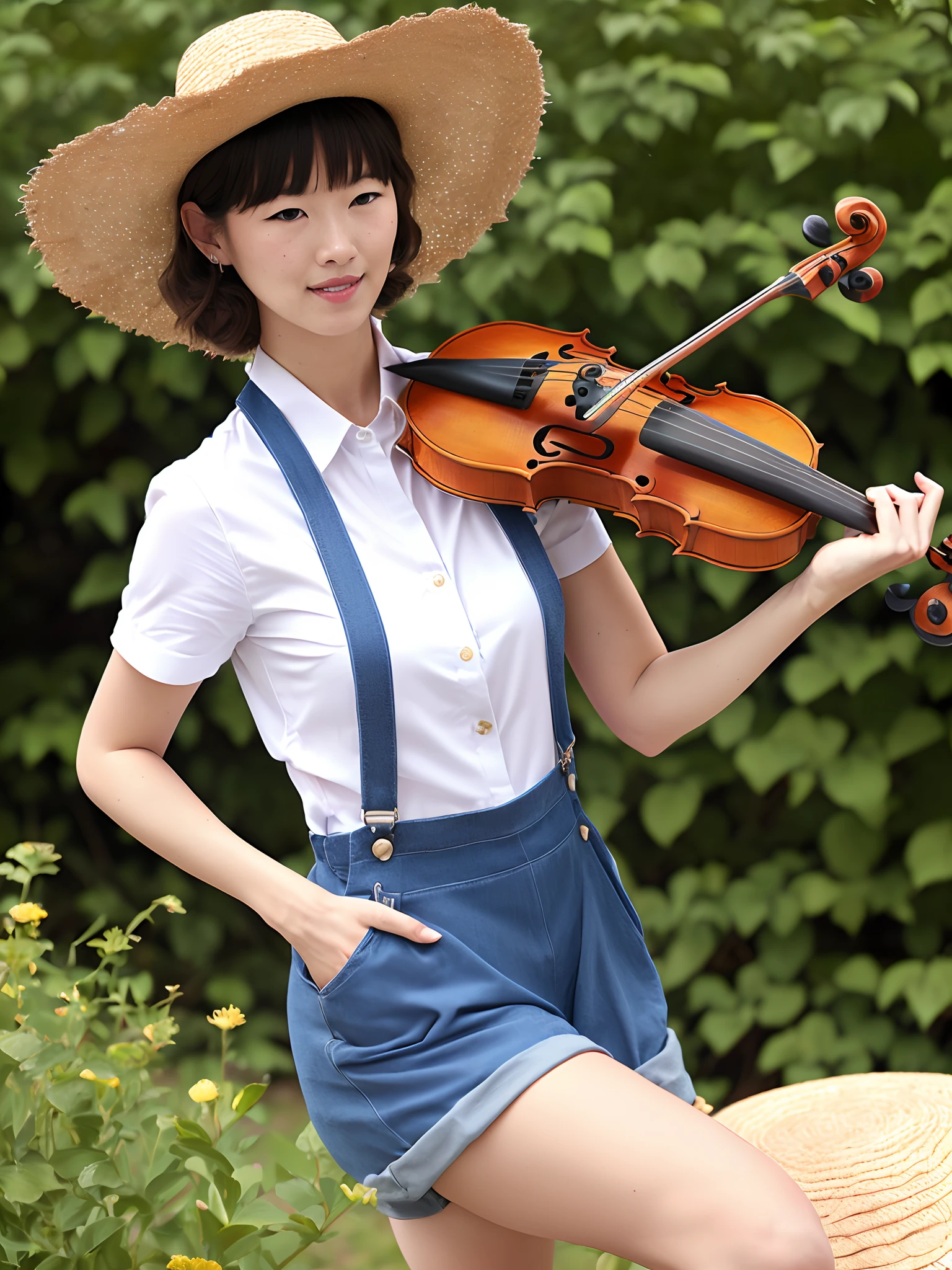 Boy wearing straw hat, blue overalls, and a white shirt playing a fiddle