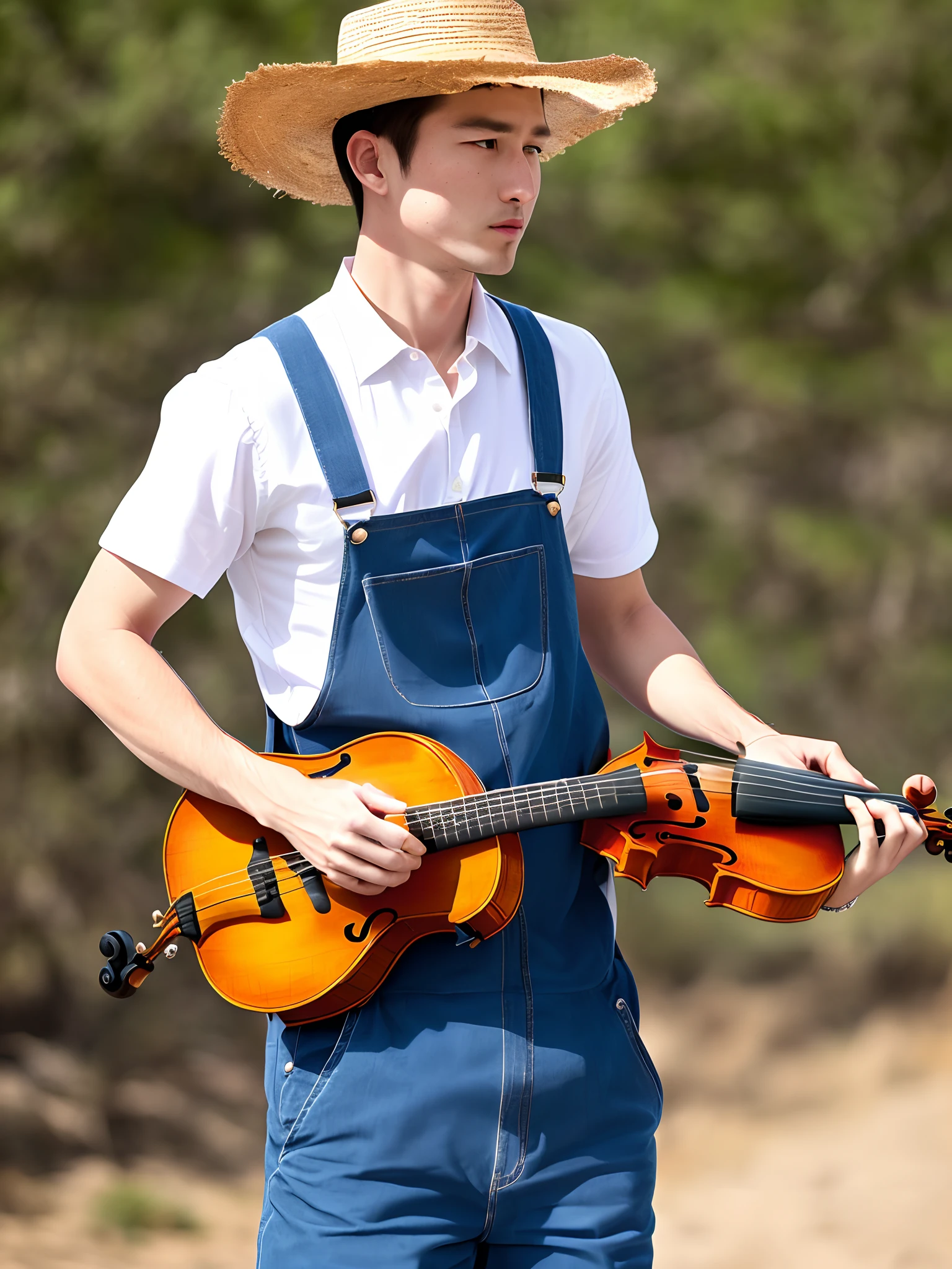 Boy wearing straw hat, blue overalls, and a white shirt playing a fiddle