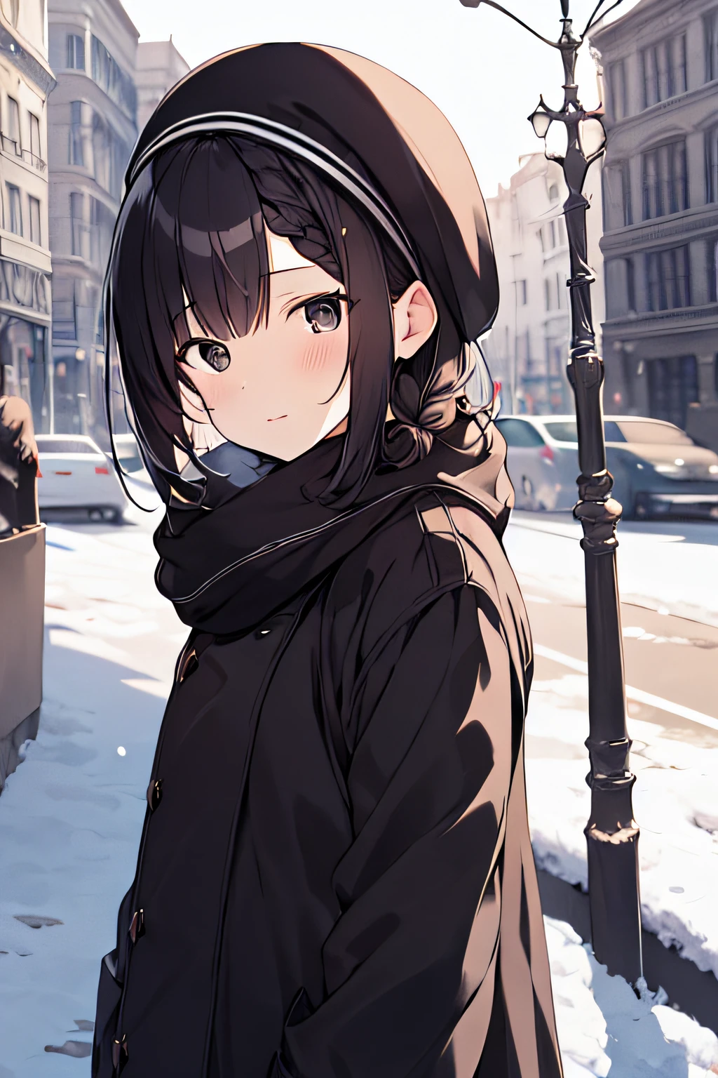 masutepiece, Best Quality,Illustration, Wallpaper, Ultra Detail, absurderes, 1girl in, Solo,, A dark-haired, scarf, Hats,, looking at the viewers, Black eyes, Medium Short-Cut Hair、short braided hair, coat, Winter clothes, White headscarf, s lips, bangss, plein air, a closed mouth, The upper part of the body