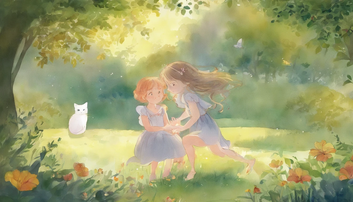 Meet in a sunny park、A girl staring at each other and a light gray cat　10years old girl、I have chestnut hair　Fantastic and happy feelings　watercolor paiting　The overall design is classic.、The color is dark yellow　Picture book illustrations