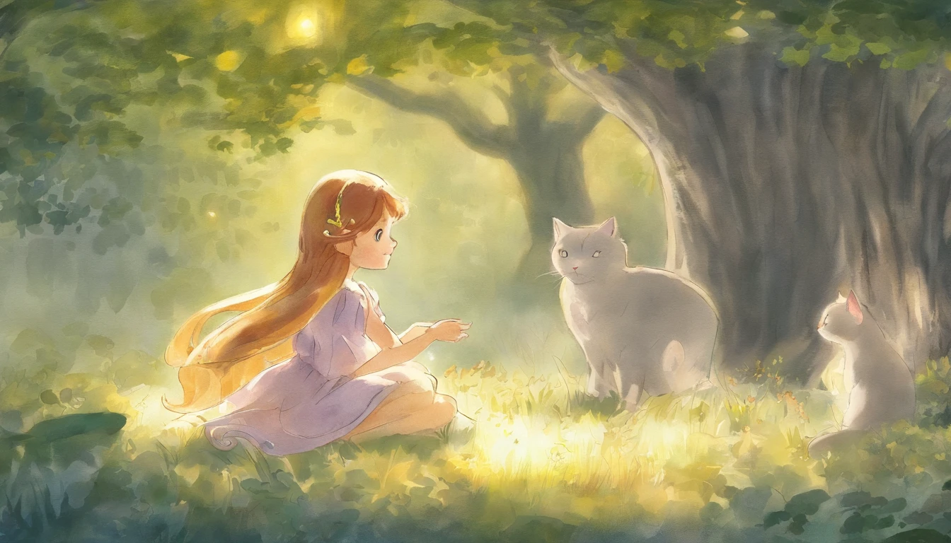 Meet in a sunny park、A girl staring at each other and a light gray cat　ars old girl、I have chestnut hair　Fantastic and happy feelings　watercolor paiting　The overall design is classic.、The color is dark yellow　Picture book illustrations