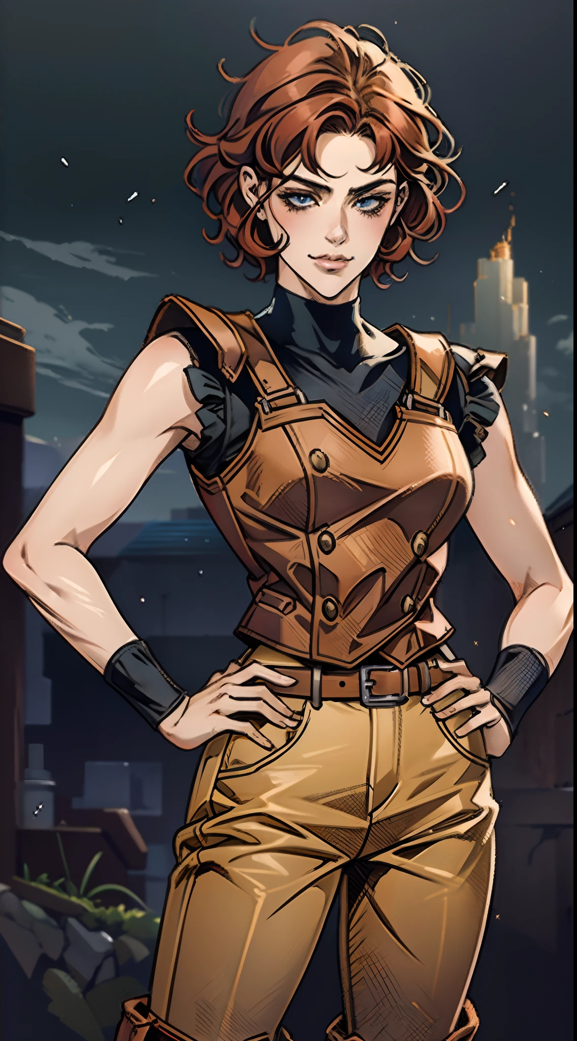 A teenage girl, short brown hair, spiked in the middle with a tuft of red hair, sharp gaze, a playful smile, a fantasy-style two-piece outfit, a dark-colored tight-fitting undershirt, a light-colored vest with wave patterns, a multifunctional belt, utility trousers, the surroundings depict swiftly flowing air, a high-speed blurred background, conveying a sense of speed, this character embodies a finely crafted fantasy-realistic style adventurer in anime style, characterized by an exquisite and mature manga illustration art style, high definition, best quality, highres, ultra-detailed, ultra-fine painting, extremely delicate, professional, anatomically correct, symmetrical face, extremely detailed eyes and face, high quality eyes, creativity, RAW photo, UHD, 8k, Natural light, cinematic lighting, masterpiece-anatomy-perfect, masterpiece:1.5