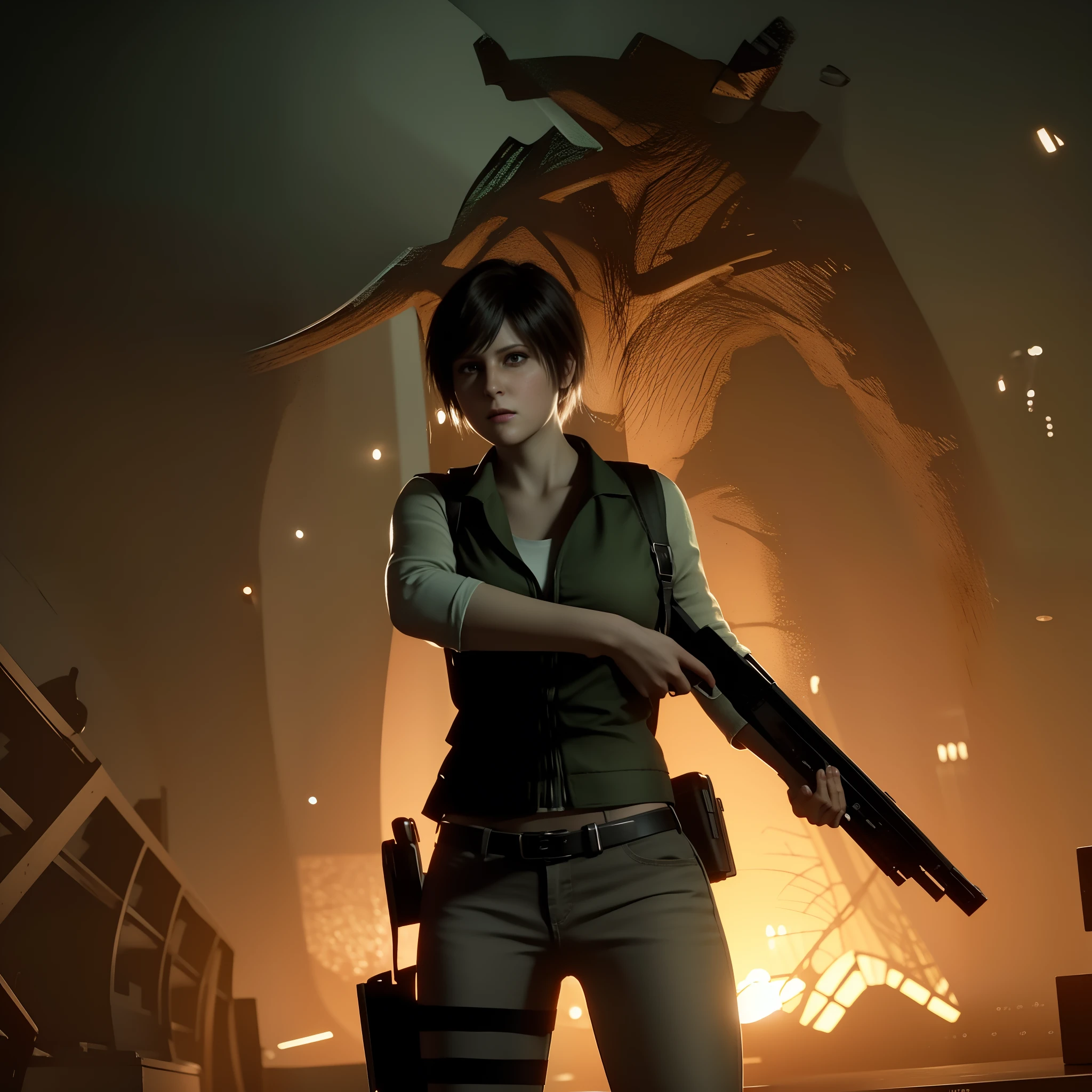 4K, HD, ( Rebecca Chambers 40 years old)), beautiful face, glare, bob hair, perfect Face, black jeans, green vest, black nail polish