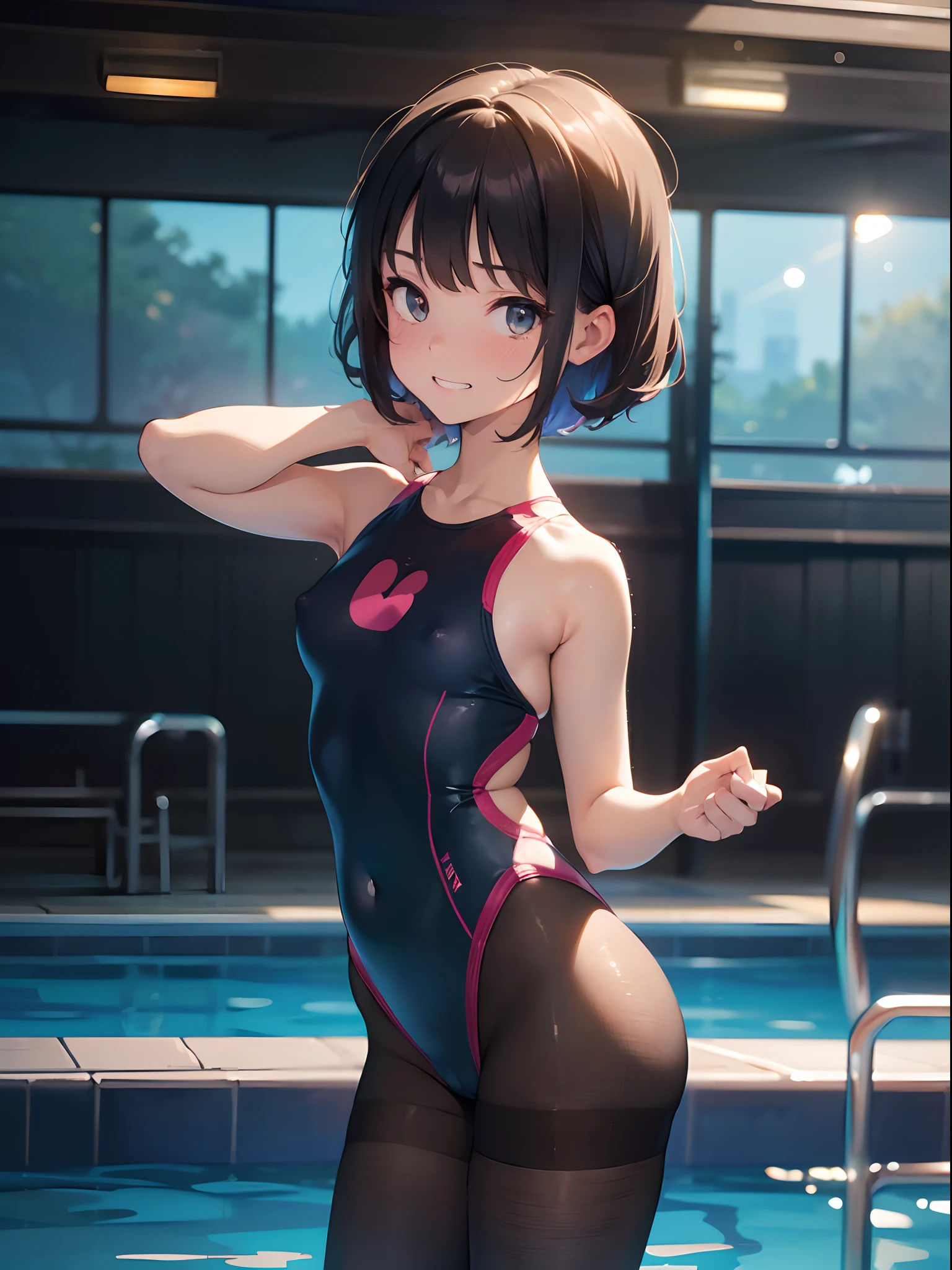 (best picture quality, 4K, high quality, masterpiece::1.2), ((masterpiece)), high detail, high quality, best picture quality, ((high quality, nsfw,  showing armpits, embarrassed,)), nsfw, (short hair), cute, early teen girl in a competition swimsuit with pantyhose at poolside in the indoor pool, full body, ****, short height, medium breasts, bokeh, DOF, Portrait, evil grin, open stance, (cute illustration:1.2), high-resolution, ultra-detailed, best-quality, bare-shoulder,