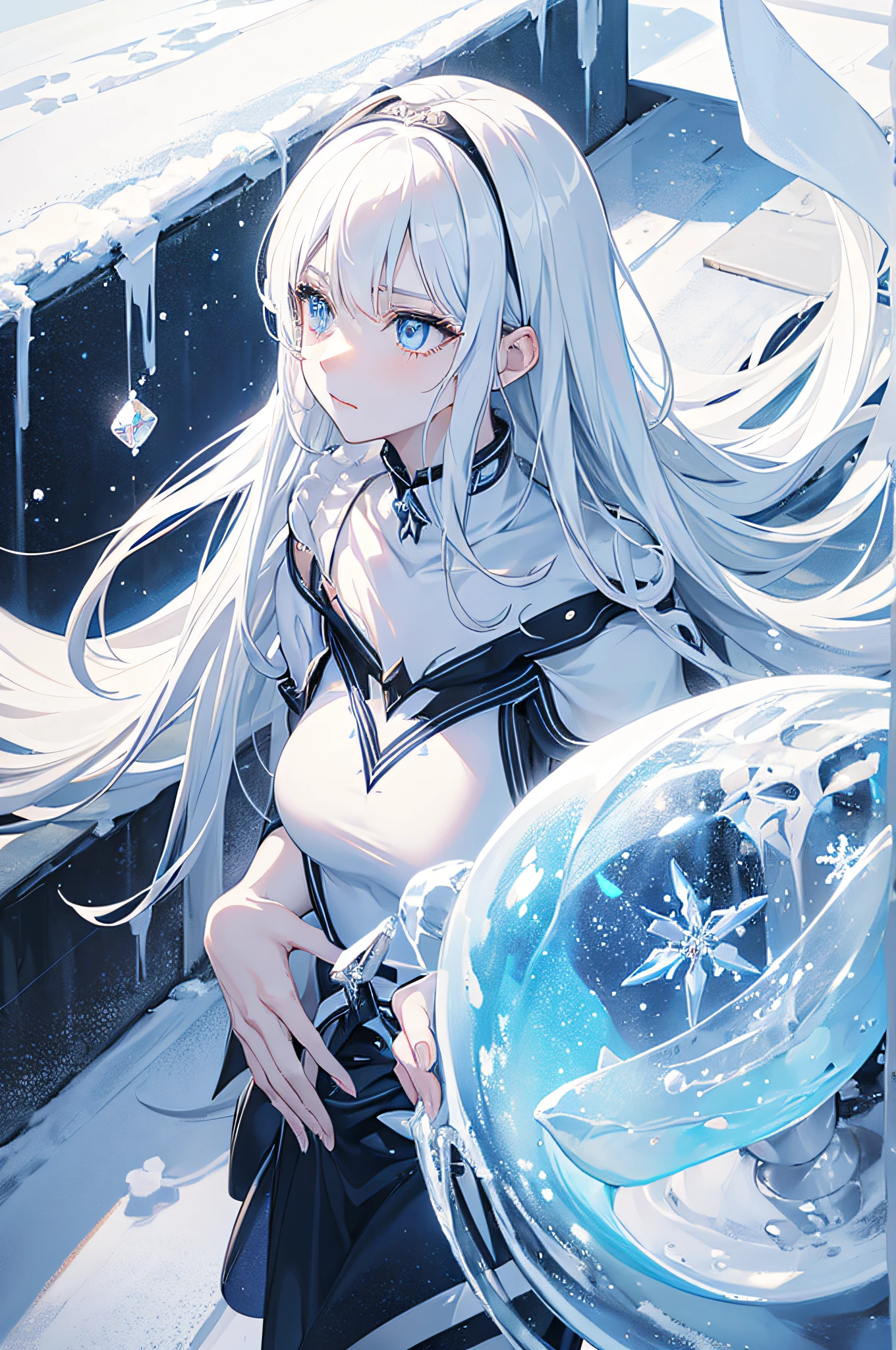 masutepiece, ighly detailed, Ultra-detailed, Cold, Solo, (1girl in), (pale skin), Icy Blue Eyes, Frosty white hair, Cool characters, Flat face, young woman, Lady Chara, medium boobs, proud, which are full of confidence, Cold Face, Goddess, Cool Kuudere Girl, (snowy background), yuki, (Frozen flowers:0.5), (Calm expression), (Glowing ice crystals), (Modern casual clothing), (Snowy ground), (Smile:0.7)