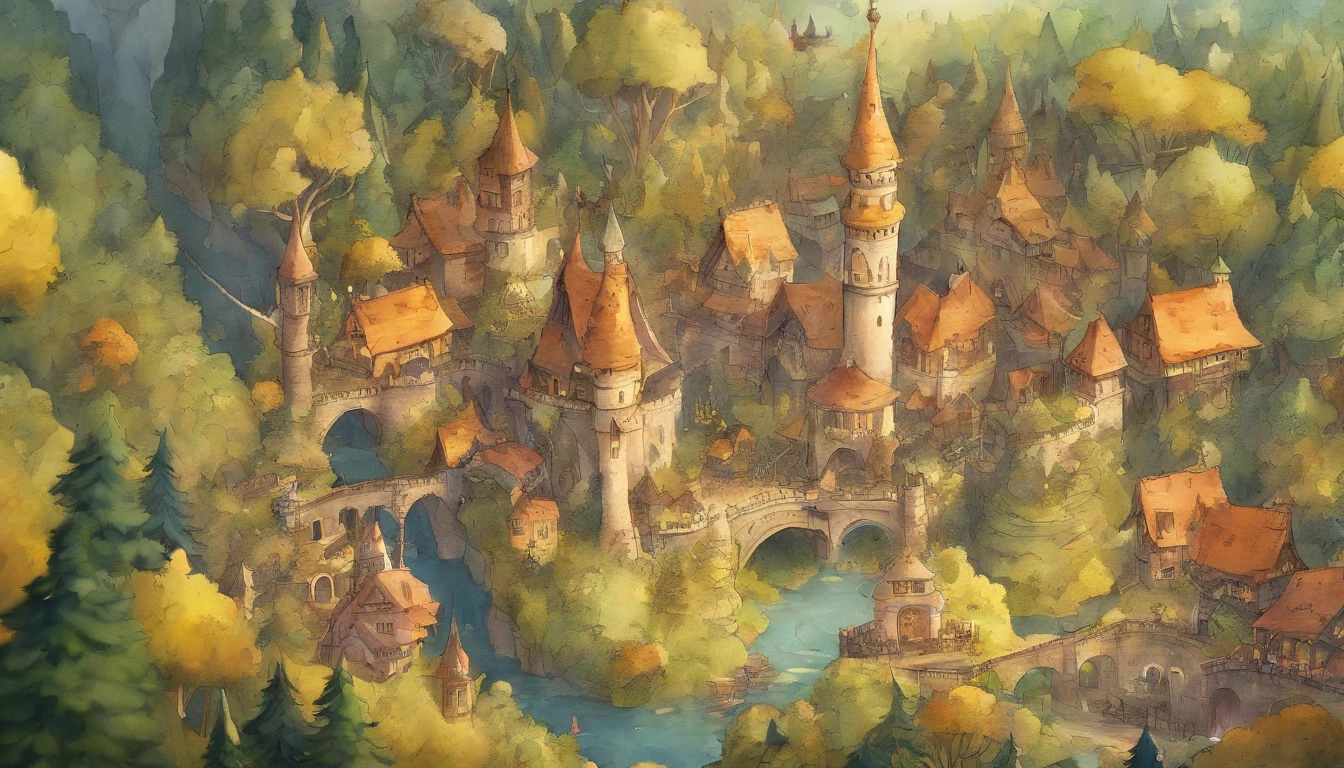 A small country town surrounded by forests　Aerial view　Fantastic and happy feelings　The overall design is classic.、watercolor paiting　The color is dark yellow　Picture book illustrations