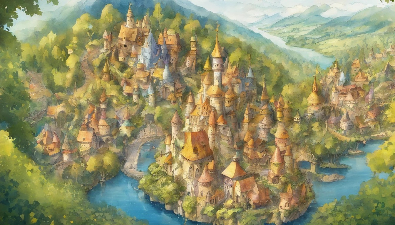 A small country town surrounded by forests Aerial view Fantastic and happy feelings The overall design is classic.、watercolor paiting The color is dark yellow Picture book illustrations