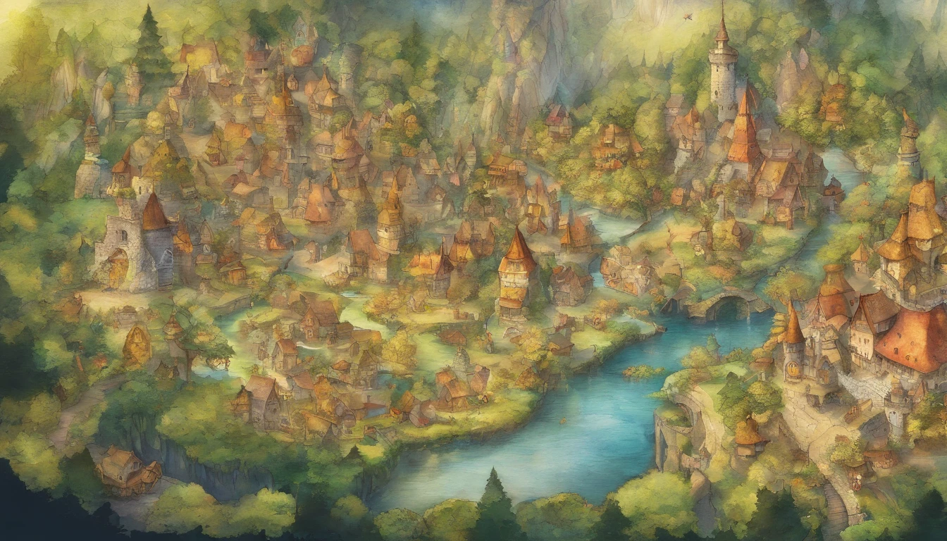 A small country town surrounded by forests Aerial view Fantastic and happy feelings The overall design is classic.、watercolor paiting The color is dark yellow Picture book illustrations