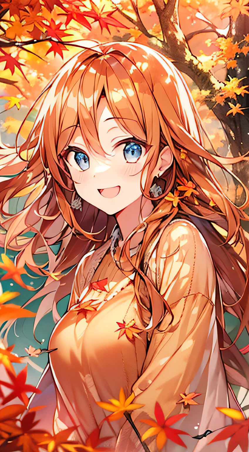 masutepiece, Best Quality,Illustration, Wallpaper, ultra -detail, Absurd beauty, 1beautiful girl、Bright hair color、Glitter and big eyes、Hair fluttering in the wind、ample breasts、♡、Smaller head、Autumn landscape、miscievous smile