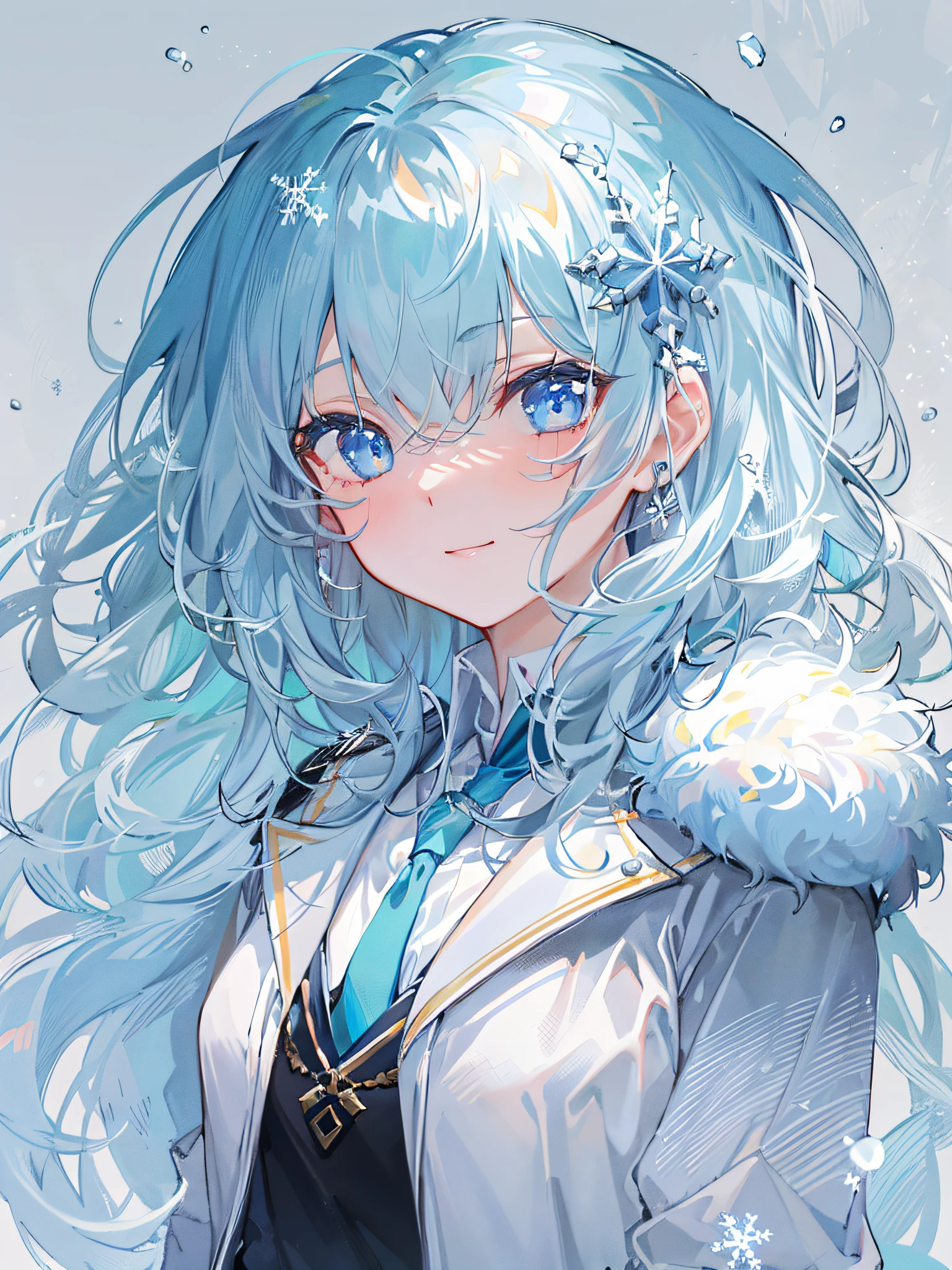 ((top-quality)), ((masterpiece)), ((ultra-detailliert)), (Extremely delicate and beautiful), girl with, 独奏, cold attitude,((Black jacket)),She is very(relax)with the(Settled down)Looks,A dark-haired, depth of fields,Evil smile,Bubble, under the water, Air bubble,bright light blue eyes,inner color with bright gray hair and light blue tips,,,,,,,,,,,,,,,Cold background,Bob Hair - Linear Art, shortpants、knee high socks、White uniform like school uniform、Light blue ribbon ties、Clothes are sheer、Hands in pockets、Bright eyes like sapphire,Fronllesse Blue, A small blue light was floating、Upper Eyes、glass shards、Snowflake Hair Ornament