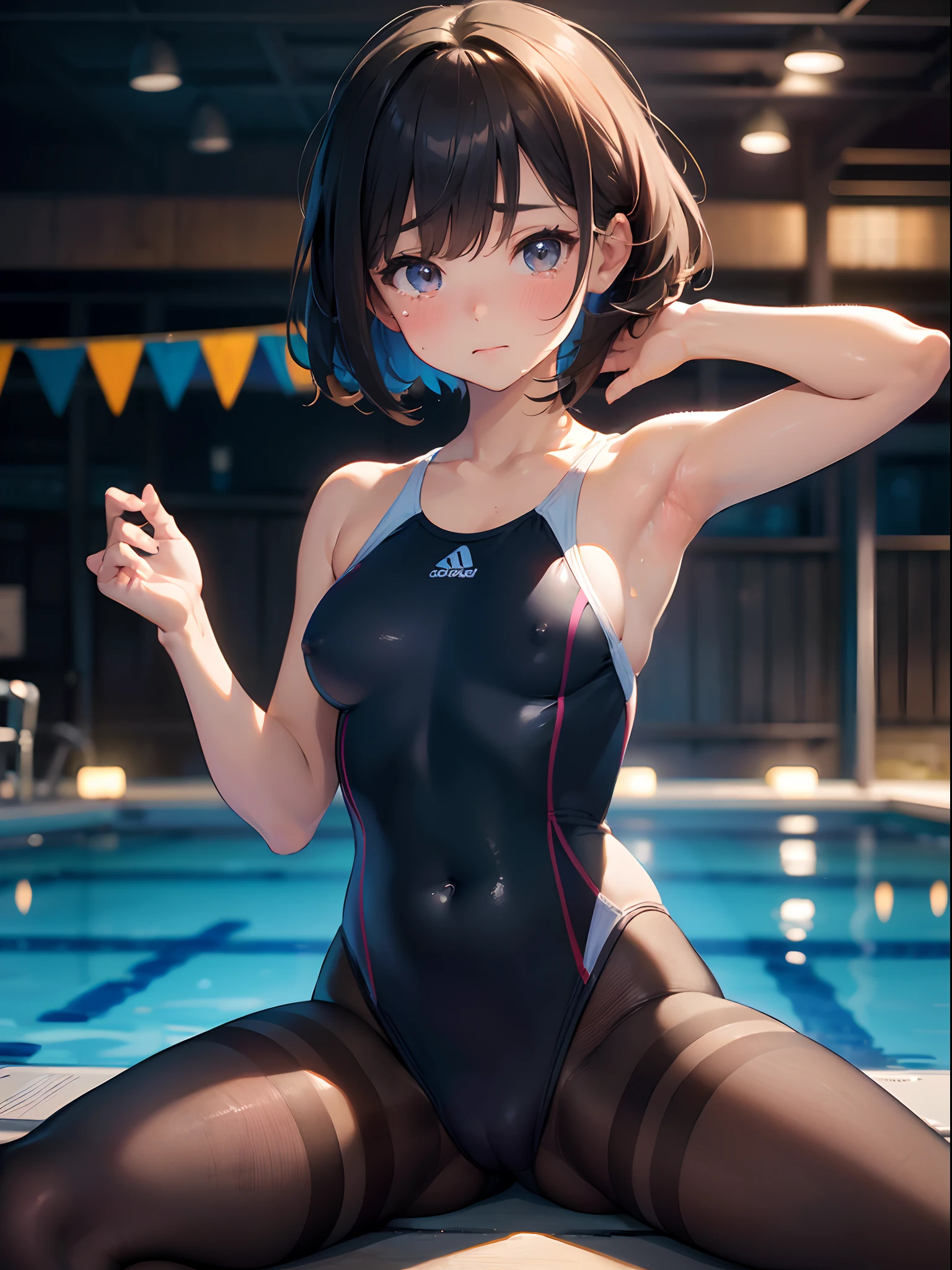 (best picture quality, 4K, high quality, masterpiece::1.2), ((masterpiece)), high detail, high quality, best picture quality, ((high quality, nsfw,  showing armpits, embarrassed, spread legs)), nsfw, (short hair), cute,  girl in a competition swimsuit with pantyhose at poolside in the indoor pool, full body, short height, medium breasts, bokeh, DOF, Portrait, crying, open stance, (cute illustration:1.2), high-resolution, ultra-detailed, best-quality, bare-shoulder,
