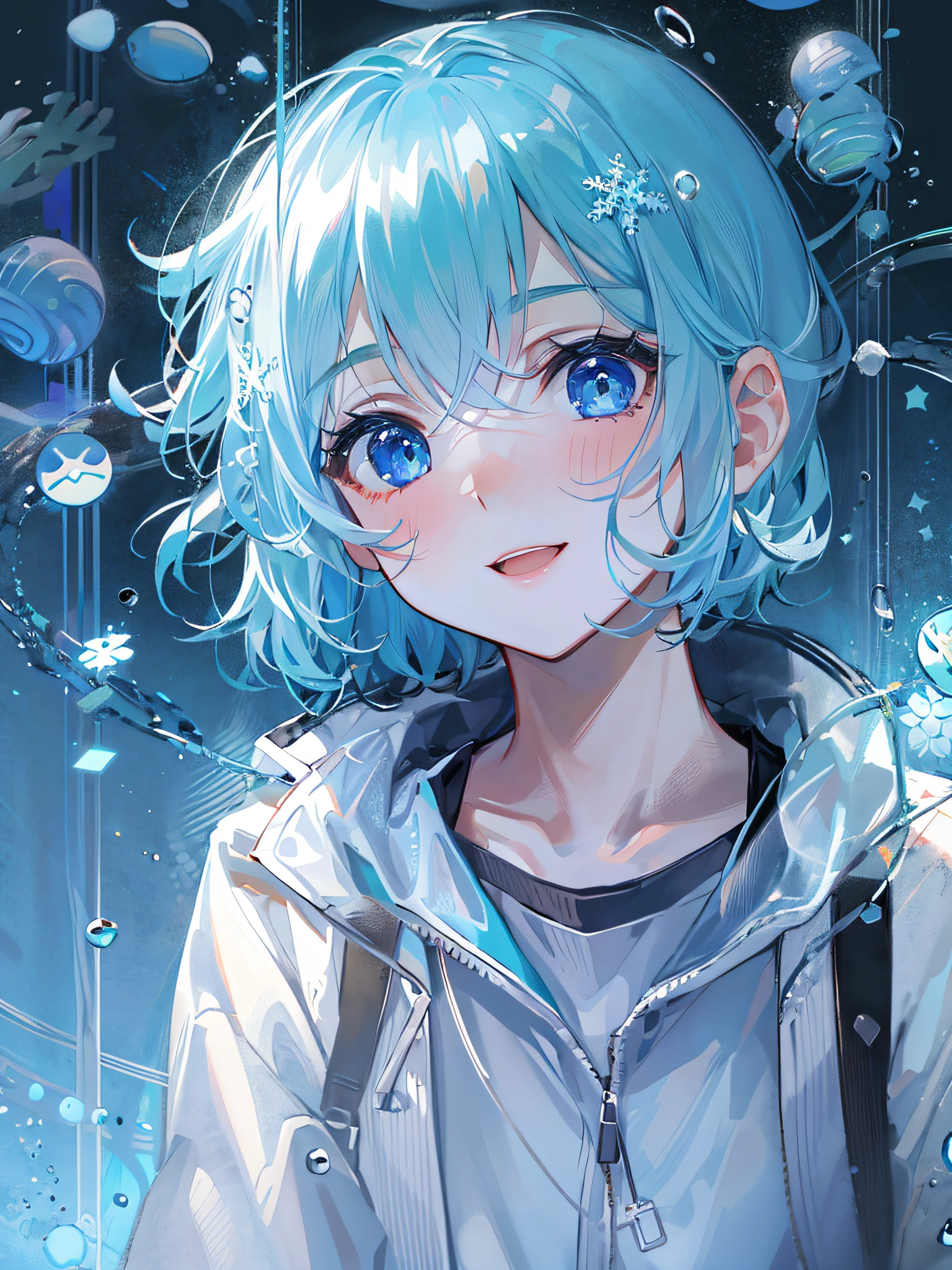 ((top-quality)), ((masterpiece)), ((ultra-detailliert)), (Extremely delicate and beautiful), girl with, 独奏, cold attitude,((Black jacket)),She is very(relax)with the(Settled down)Looks,A dark-haired, depth of fields,Evil smile,Bubble, under the water, Air bubble,bright light blue eyes,inner color with bright gray hair and light blue tips,,,,,,,,Cold background,Bob Hair - Linear Art, shortpants、knee high socks、White uniform like school uniform、Light blue ribbon ties、Clothes are sheer、Hands in pockets、Bright eyes like sapphire,Fronllesse Blue, A small blue light was floating、Upper Eyes、glass shards、Snowflake eyes、fantastic eyes