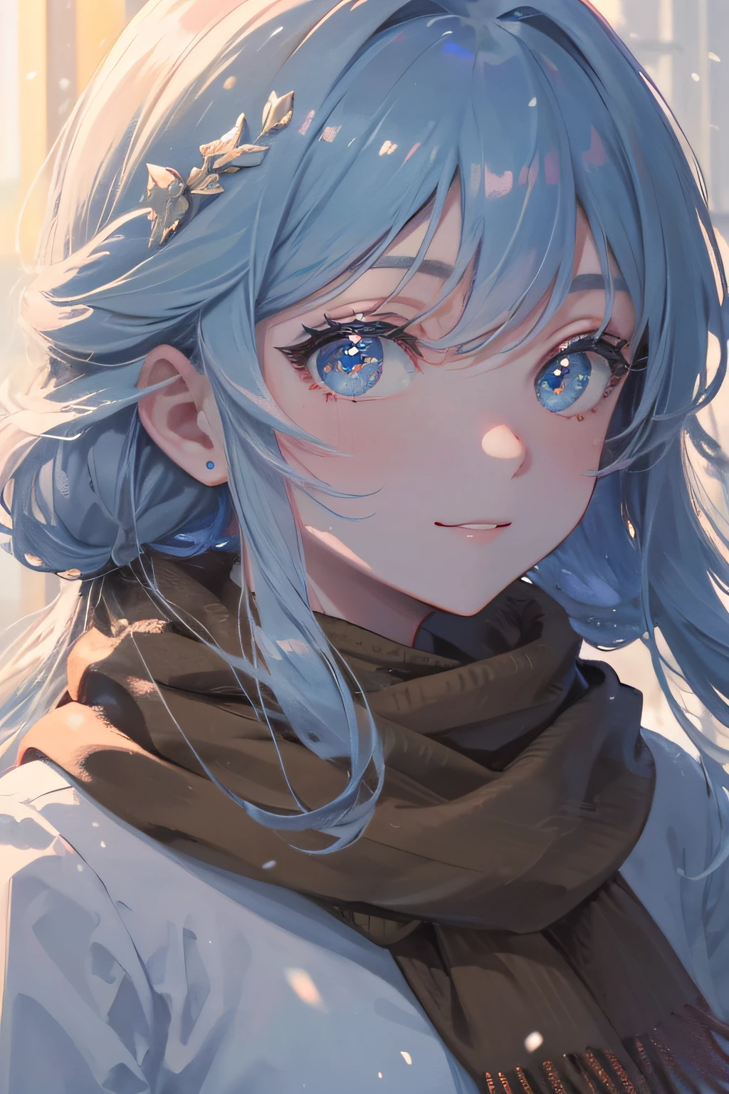 (High quality, 8K), Warm,A detailed face,A detailed eye,(Soft light),Smile, (Winters), yuki, Snow, Blue hair, Brown eyes, scarf