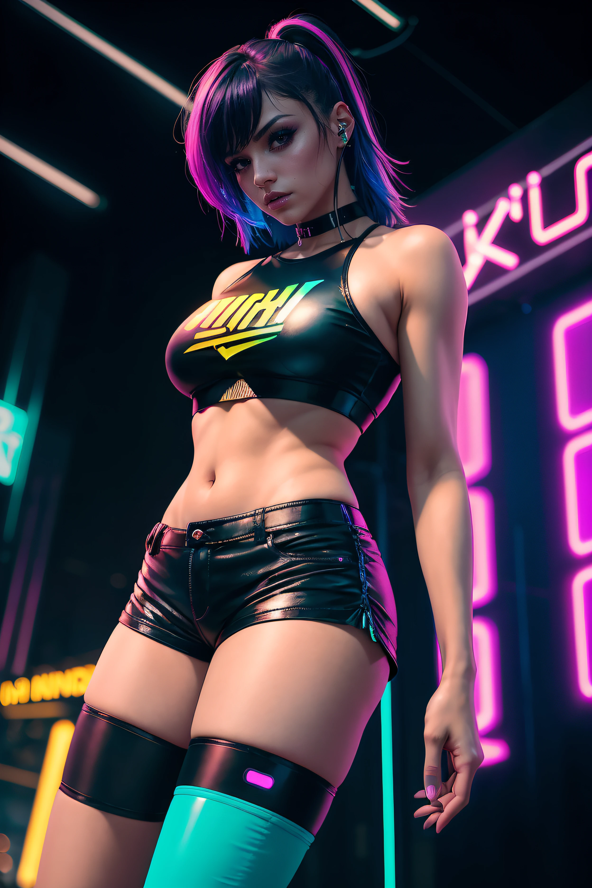 there is a woman standing with a rainbow light, 3 d neon art of a womans body, neon-noir background, cyberpunk femme fatale, seductive cyberpunk dark fantasy, ((tight shorts:1.4)), cyberpunk strip clubs, cyberpunk 20 y. o model girl, oppai cyberpunk, banner, high definition cgsociety, cgsociety masterpiece, trending on cgstation, kda