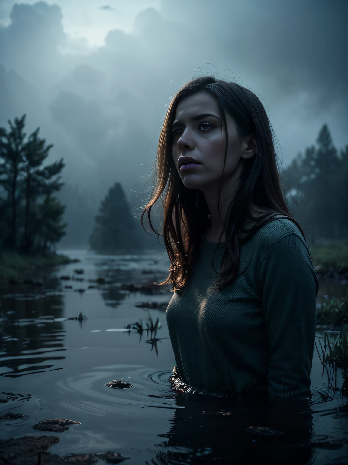 (Best Quality,hight resolution,Masterpiece:1.2),Ultra-detailed,The woman,Wearing flared jeans,Useless,sickly,drowning in a swamp,gloomy ecstasy,fetish,dark gloomy atmosphere,gritty texture,Retro-atmosphere,warped reality,melancholic expression on his face,mysterious aura,foggy atmosphere,foggy background,Subtle color palette,provocative pose,A mesmerizing concept,Abstract storytelling,Strong emotions,Coming Out of the Depths of Despair,Piercing gaze,intense shadows,Plunged in Darkness,Rugged terrain,ominous vibe,A supernatural sensation,Loss of Place in Time and Space,Commemorative images,Eerie silence.