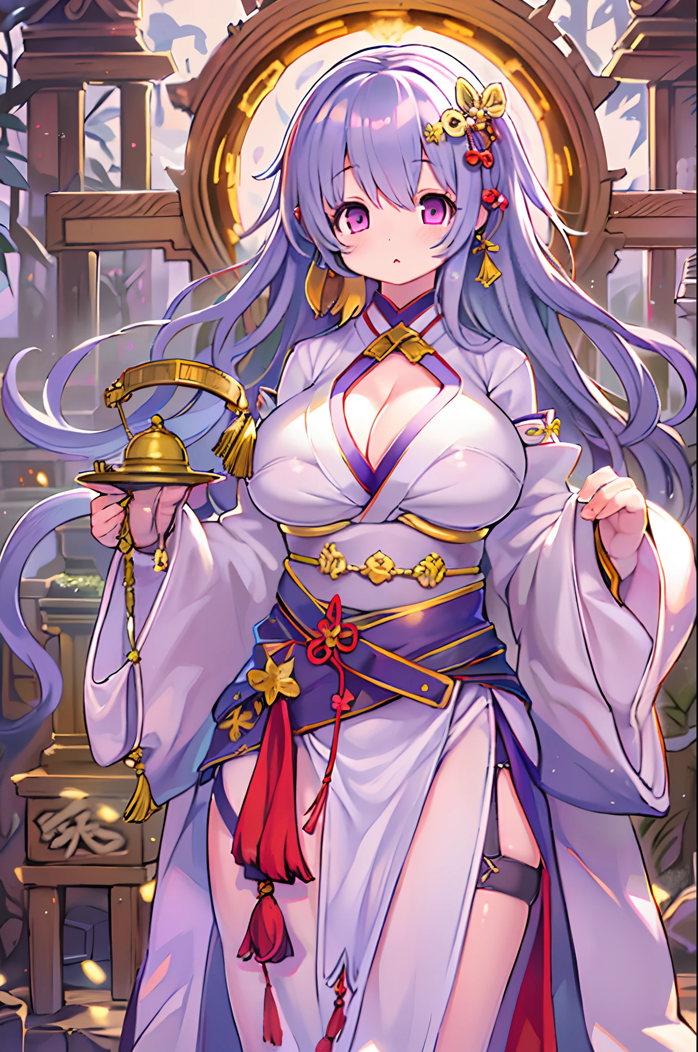(Best Quality:1.4), hight resolution, masutepiece,, 1girl in,, Light purple hair, Purple eyes, (Kemomimi), huge-breasted, bare slim thighs,, Hair Ornament, (Red|White Japan priestess uniform), Detached sleeves,, blush,, lantern, shrines,, Detailed face,