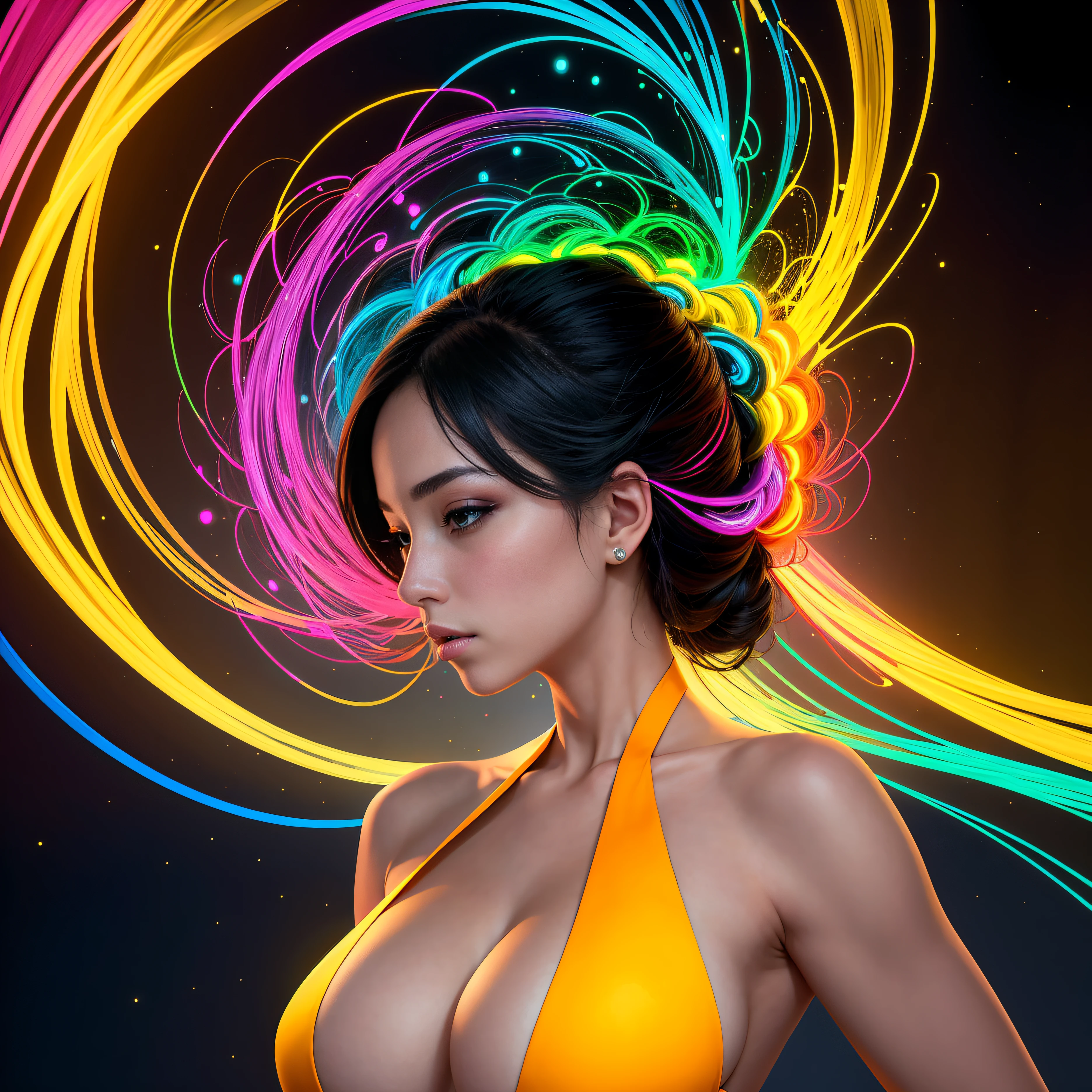 high quality, 8K Ultra HD, Imagine a vibrant canvas illuminated by a cascade of colorful binary code, forming the silhouette of a captivating woman, The dynamic lines and patterns, reminiscent of a digital dance, weave together to create a harmonious fusion of technology and art, The binary code, in hues ranging from electric blues to radiant reds and vivid greens, breathes life into the woman's form, Her silhouette emerges as a synthesis of the digital and the organic, a testament to the seamless integration of technology and beauty in your masterful creation, by yukisakura, high detailed,