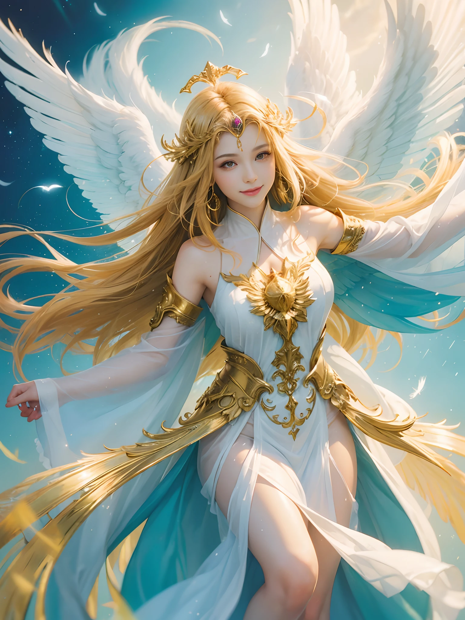 (Radiant messenger) (angelic character art) (floating angel) (flowing robes) (luminous feathers) (gentle smile) (heavenly glow) (golden accents) (ethereal environment), DSLR, 35mm, agfa precisa 100, uplifting