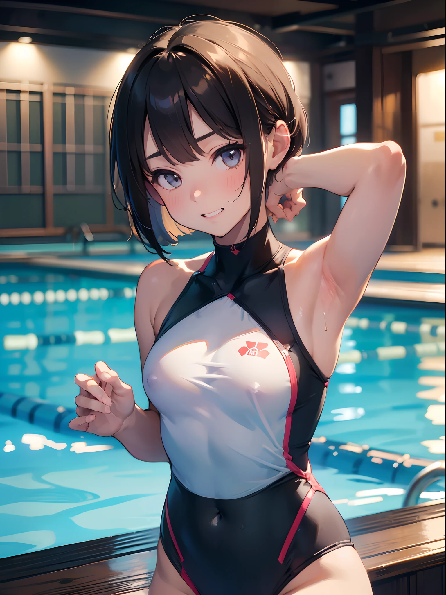 (best picture quality, 4K, high quality, masterpiece::1.2), ((masterpiece)), high detail, high quality, best picture quality, ((high quality, nsfw,  showing armpits, embarrassed,)), nsfw, (short hair), cute,  girl in a competition swimsuit with pantyhose at poolside in the indoor pool, full body, loli, shorheight, medium breasts, bokeh, DOF, Portrait, evil grin, open stance, (cute illustration:1.2), high-resolution, ultra-detailed, best-quality, bare-shoulder,