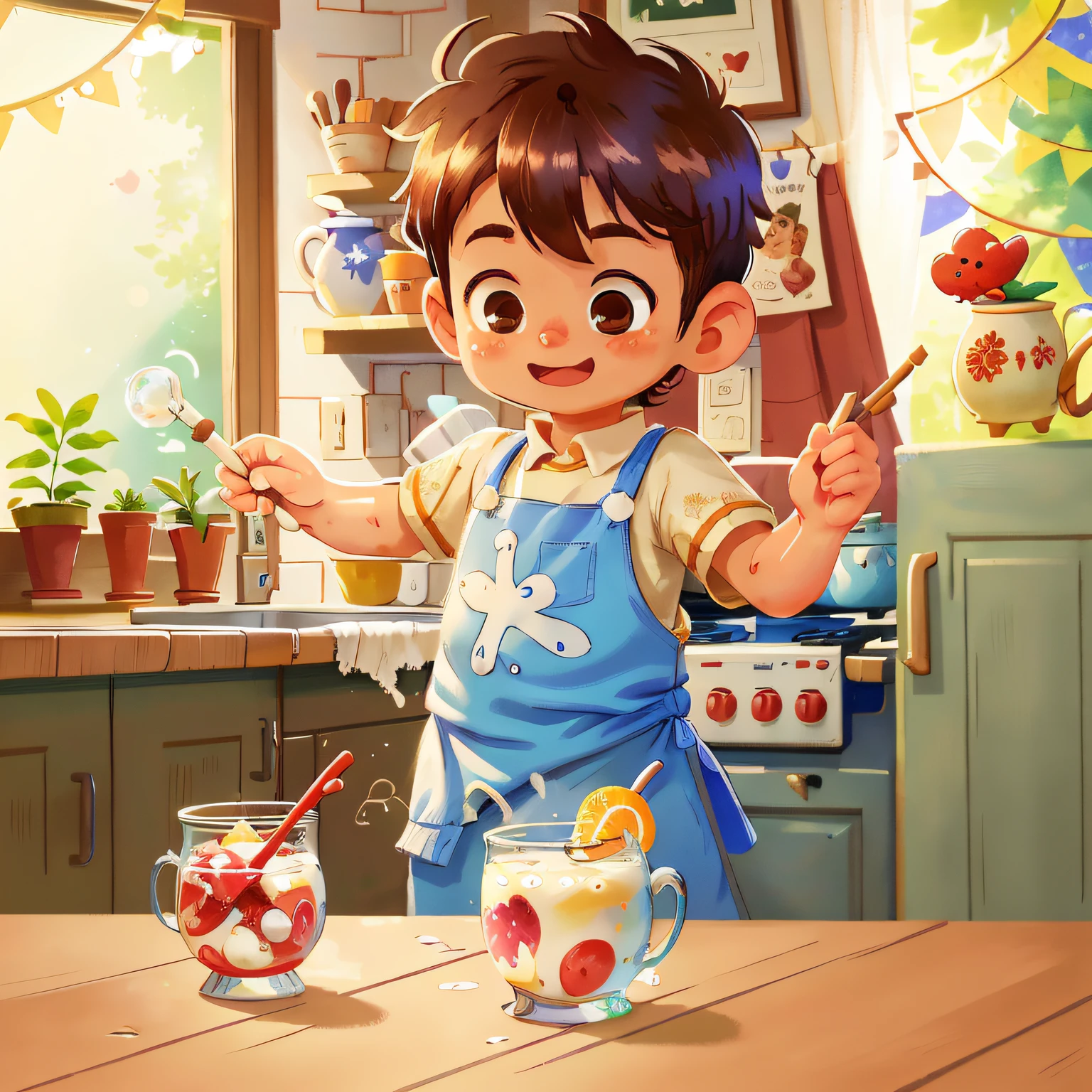 in a kitchen、Boy Drinking Milk、perfectquality、Clear focus (Clutter-Home:0.8)、(masterpiece:1.2) (realisitic:1.2) (bokeh dof) (top-quality) (detailed skins:1.3) (intricate-detail) (8K) (Eye of Detail) (foco nítido), (Happiness)