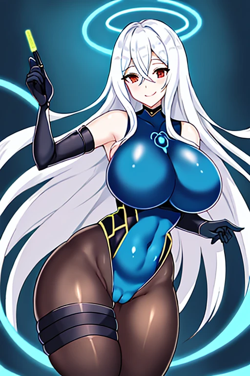 Anime style, large breasts, breasts, wide hips, thick thighs, hourglass figure, white hair, long hair, red eyes, bodysuit, black bodysuit, blue neon trim, neon trim, pantyhose, black pantyhose, shoulder armor, futuristic, science-fiction, machinery, tech, black clothes, blue lines, hair ornament, ornament, light smile, smile, happy, thigh strap, cameltoe, wings