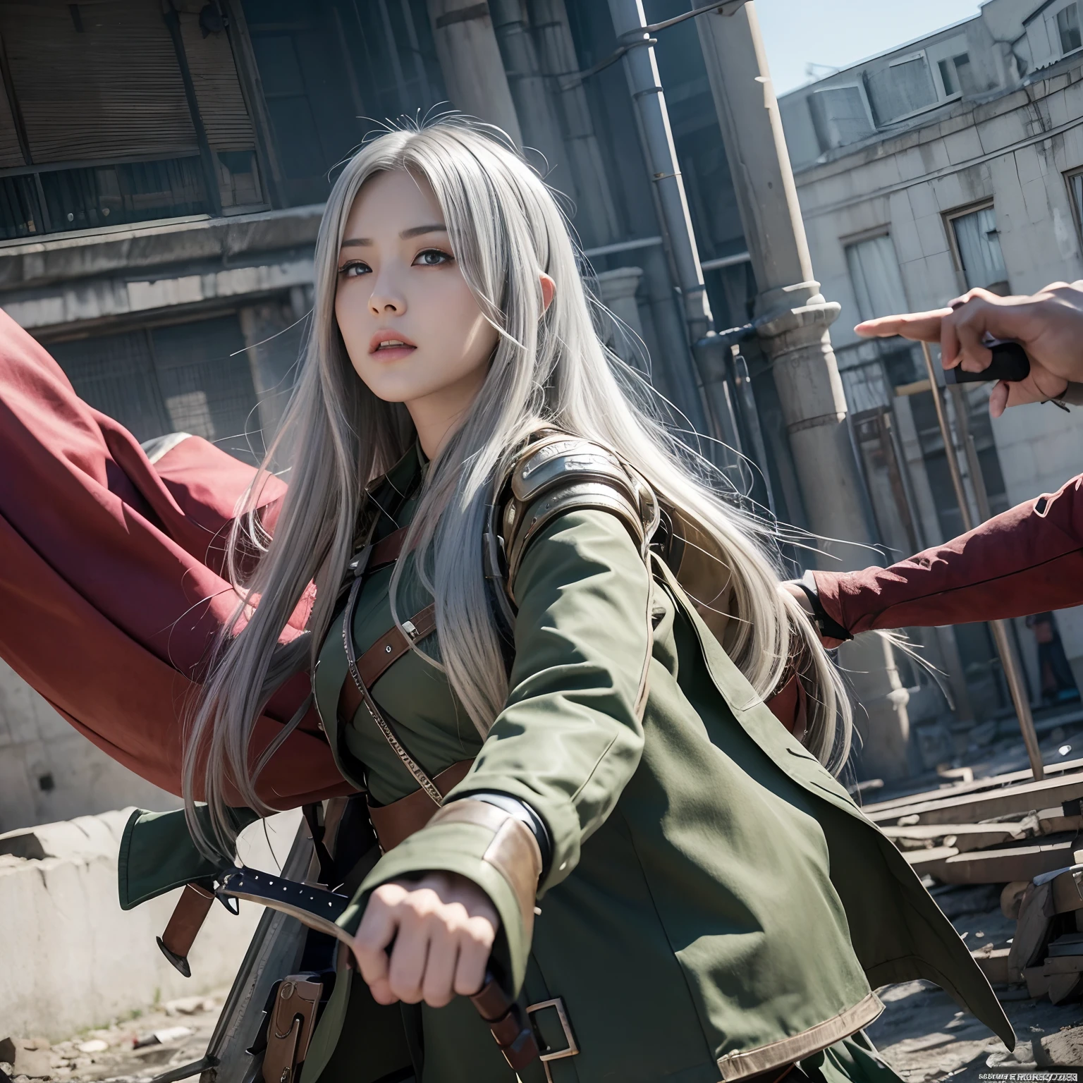 Attack on Titan、Beautuful Women、Silver-haired long-haired、bangss、green eye、Three-dimensional maneuvering device、battle garments、Return blood