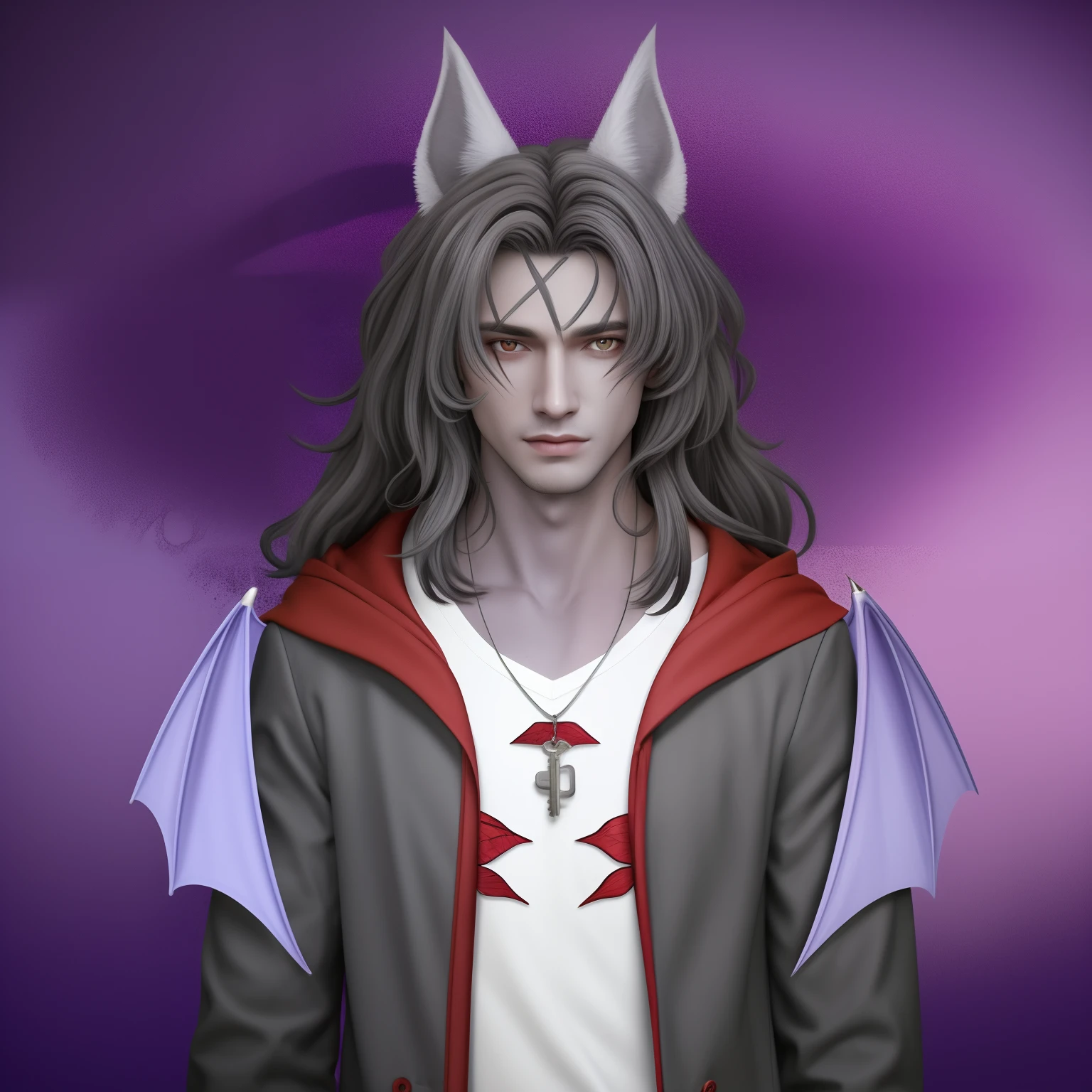 homem adulto de pele completamente roxa, Red Sclera Eyes and Gray Iris, quatro olhos de aranha na testa Cabelos castanhos compridos, orelhas de morcego, gray and red coat, a white shirt, a key with bat wings hanging around his neck, humanoide Fursona, hybrid human