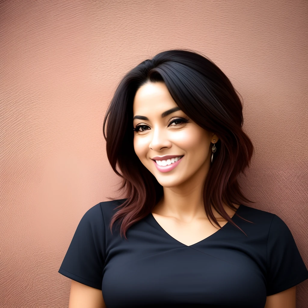 Mulher brasileira de 35 anos ,pele morena clara ,cabelo preto liso preso ,sorrindo e mostrando coisas do lado ,with pink short-sleeved blouse and classic jeans pointing with both hands to the left side