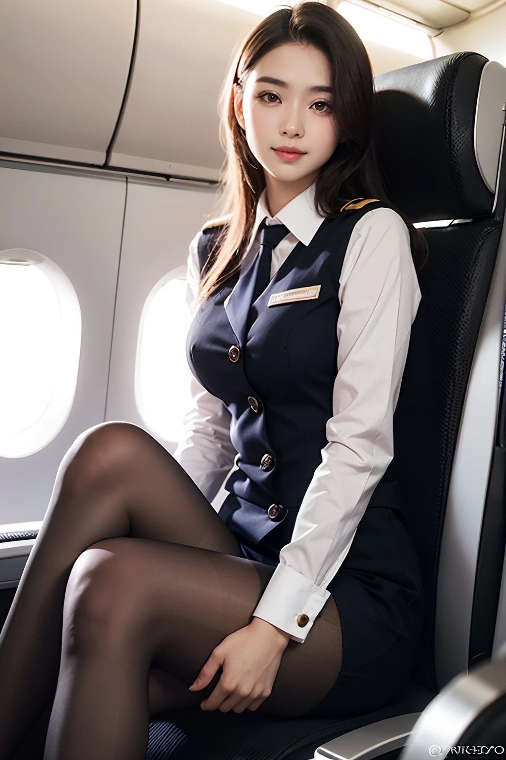 Sexy woman in stewardess uniform、Ukrainian、Ukrainian goddess、jaw-dropping beauty、Wear ultra-realistic pantyhose、Sit on the plane with your legs crossed、A smile、high-heels、game_nffsw, masutepiece, Best Quality, Photorealsitic, Raw photo、8K, High resolution, Detailed skin, 8K UHD, Digital SLR, Soft lighting, High quality, Film grain, FujifilmXT3, realistic skin textures、shinny skin、Exposed thighs!!!