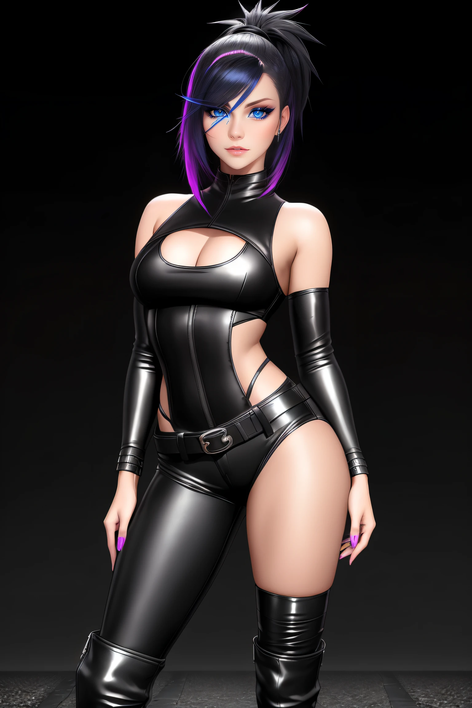 beautiful girl, ((standing:1.4)), (confident gaze:1.1), full body, short bright neon streaked black hair, ((realistic highly detailed eyes:1.4)), ((seductive pose:1.2)), black eyeshadow, (street style wear:1.2), ((tight fitted pants)), ((knee high leather boots)), (dark city night black background:1.4), dark makeup, digital art, trending on artstation, highly detailed, fine detail, intricate, detailed facial features, sharp focus, smooth, aesthetic,