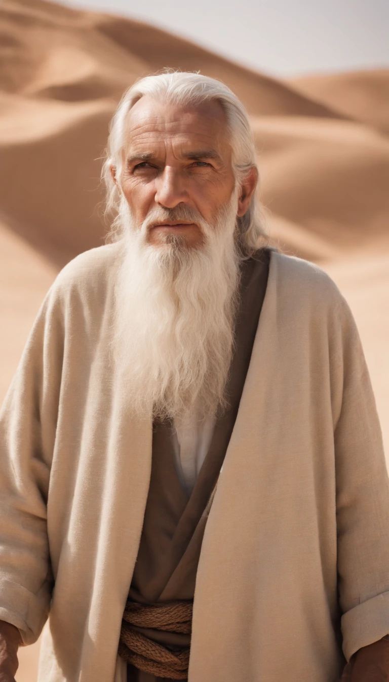 an old man from the time of the old testament, with the simple clothes of someone who lives in the desert, his clothes are of a more partial tone, and made with fabric used at the time.  The man has light gray hair and a long beard of the same color.  He is in the desert.