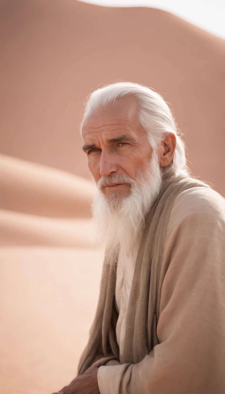 an old man from the time of the old testament, with the simple clothes of someone who lives in the desert, his clothes are of a more partial tone, and made with fabric used at the time. The man has light gray hair and a long beard of the same color. He is in the desert.