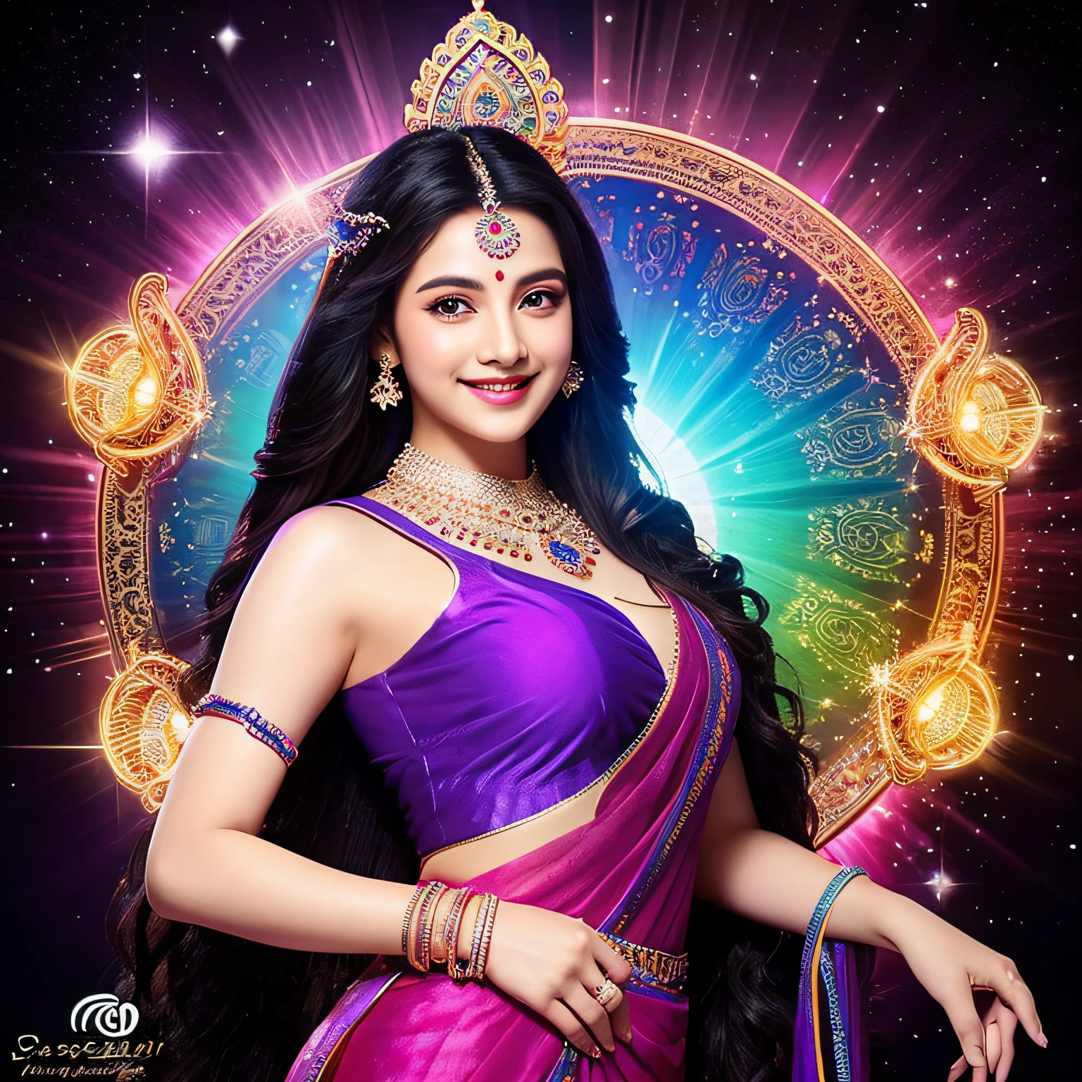 Sacred Radiance,Hindu mythology,goddes,Indian style,Long Black Hair,blackigeyes(tmasterpiece,top Quority,best qualtiy,offcial art,Beauty and aesthetics:1.2),(1girl in),Extremely detailed,(s fractal art:1.3),highly colorful,best detailed, A hyper-realistic, Sparkling Purple Dress, Fantastic background、A smile