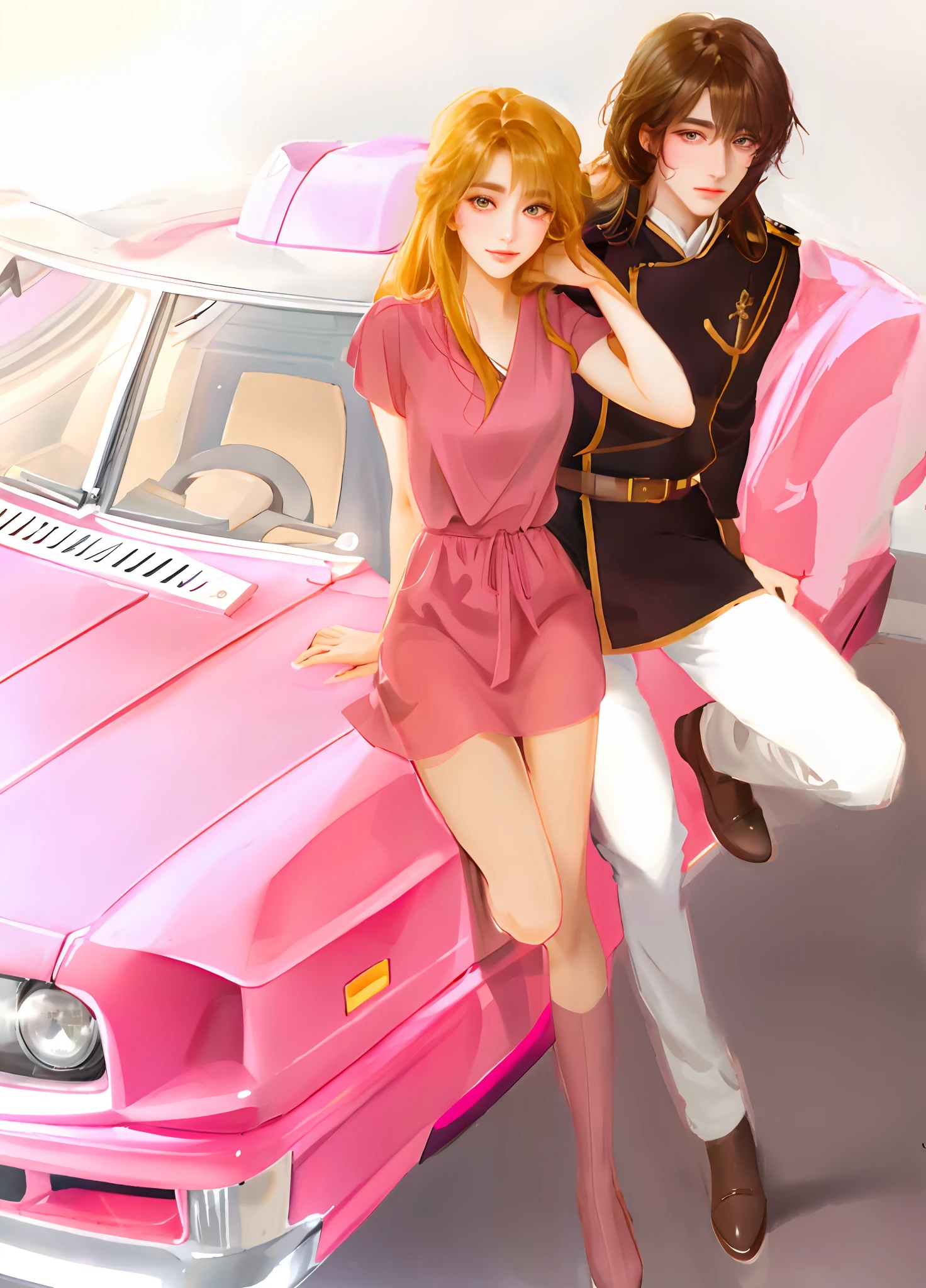(Under the pink car、There is a car and two shadows:1.8)Eyes of the male model on the right、Beautiful and big, but、Compared to the female model on the left、Slightly angular、Thicker eyebrows than female models、Be masculine、White slacks on the left leg of a male model、Natural lines and、The shading is polite、are delicately depicted、