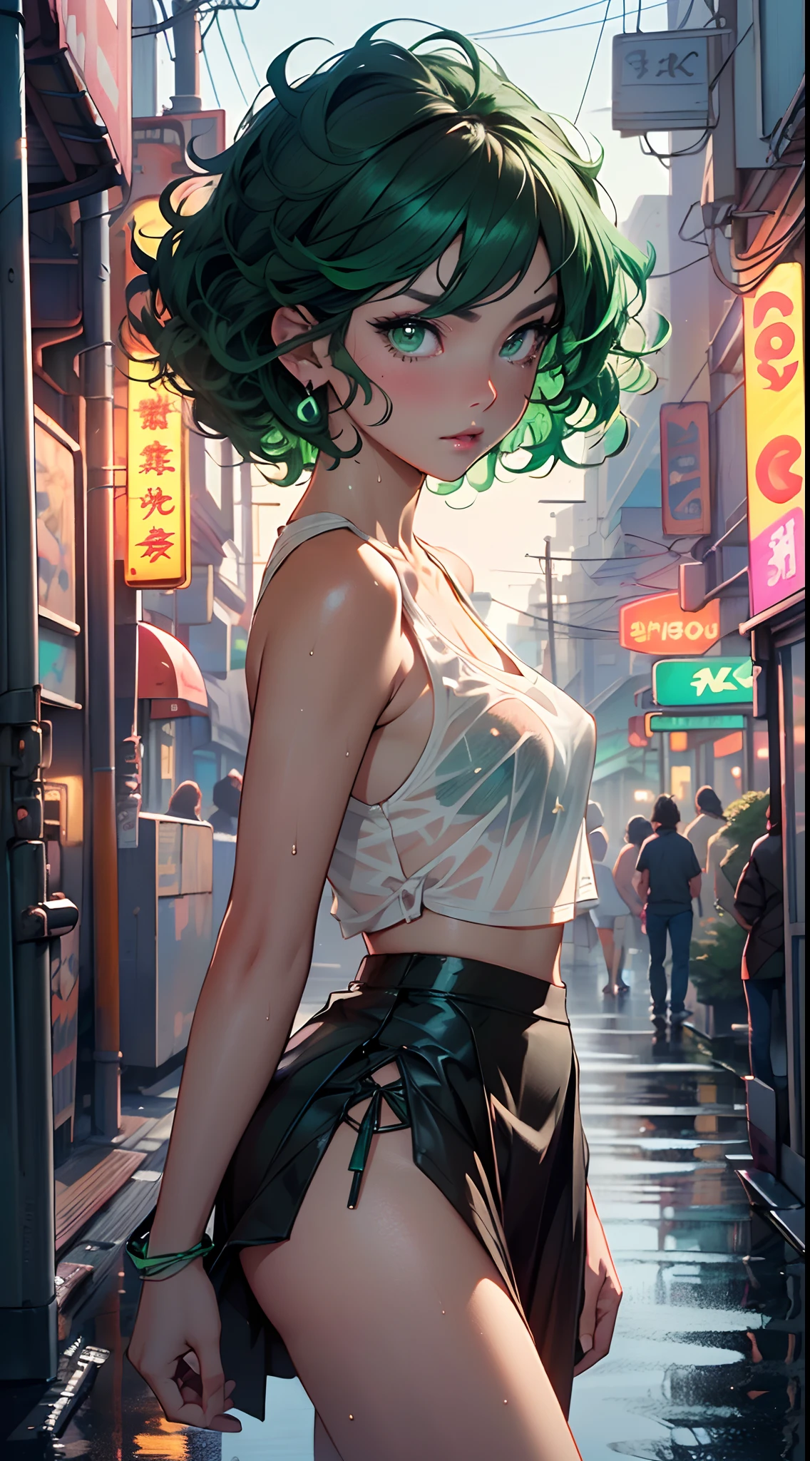 girl youtuber,(((1girl))),((extremely cute and beautiful green curly-haired girl)),

(short breasts:1.4),big butt,(((green curly hair:1.35,very curly hair,colored inner hair,ear breathing,short hair))),(((green_eyes:1.3))),intricate eyes,beautiful detailed eyes,symmetrical eyes,big eyes:1.3,((fat)),(((lustrous skin:1.5,bright skin: 1.5,skin tanned,shiny skin,very shiny skin,shiny body,plastic glitter skin,exaggerated shiny skin,illuminated skin,wet legs))),detailed body,(detailed face),

cute,slutty,seductive,erotic,(((nsfw))),

zettai ryouiki,revealing clothing,show skin,((rave mini-skirt,visible thong straps,white loose tank top with an anime art print)),((wet clothes,intricate outfit,intricate clothes)),

(dynamic pose:1.0),embarrassed,(centered,scale to fit dimensions,Rule of thirds),

cyberpunk city by the ocean at night, with bright neon signs and dark stormy clouds and puddles, scenery:1.25,

artistic photography,(photography taken by sldr),highres, sharp focus, (ultra detailed, extremely detailed), (photorealistic artwork:1.37),(extremely detailed CG unity 8k wallpaper),((synthwave background theme)),(((vibrant colors))),(intricate background),(masterpiece),(best quality),