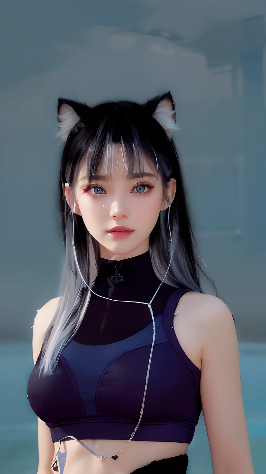 black hair, light white hair, hair over shoulder, hairclip, color contact lenses, aqua eyes, fake animal ears, smiley, jewelry, modern, chiaroscuro, cinematic lighting, Nikon, 85mm, high quality, 8k, best quality, super detail, tight sportswear in purple and black hd, eyes blue hd, earphone white