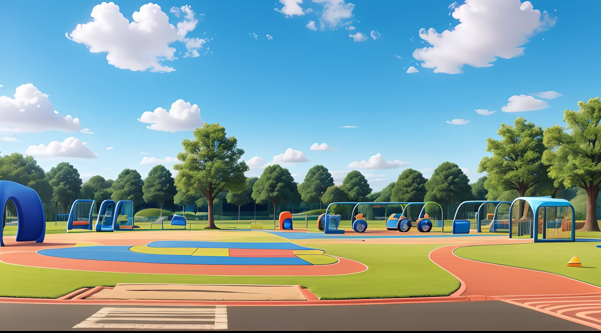 fun colorful outdoor playground and blue sky with an asphalt fun running track and green grass