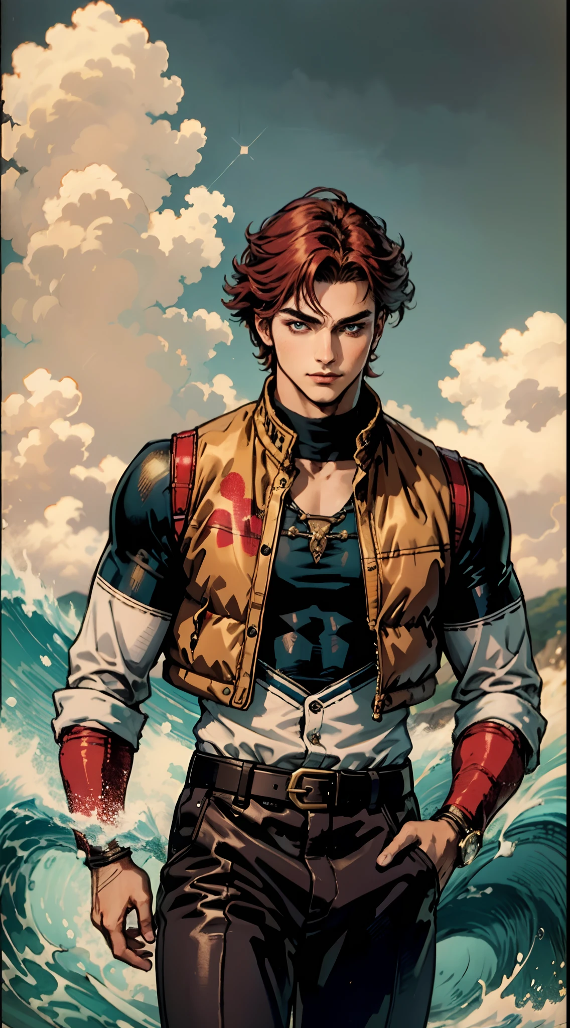 A teenage boy, short brown hair, spiked in the middle with a tuft of red hair, sharp gaze, a playful smile, a fantasy-style two-piece outfit, a dark-colored tight-fitting undershirt, a light-colored vest with wave patterns, a multifunctional belt, utility trousers, the surroundings depict swiftly flowing air, a high-speed blurred background, conveying a sense of speed, this character embodies a finely crafted fantasy-realistic style adventurer in anime style, characterized by an exquisite and mature manga illustration art style, high definition, best quality, highres, ultra-detailed, ultra-fine painting, extremely delicate, professional, anatomically correct, symmetrical face, extremely detailed eyes and face, high quality eyes, creativity, RAW photo, UHD, 8k, Natural light, cinematic lighting, masterpiece--perfect, masterpiece:1.5