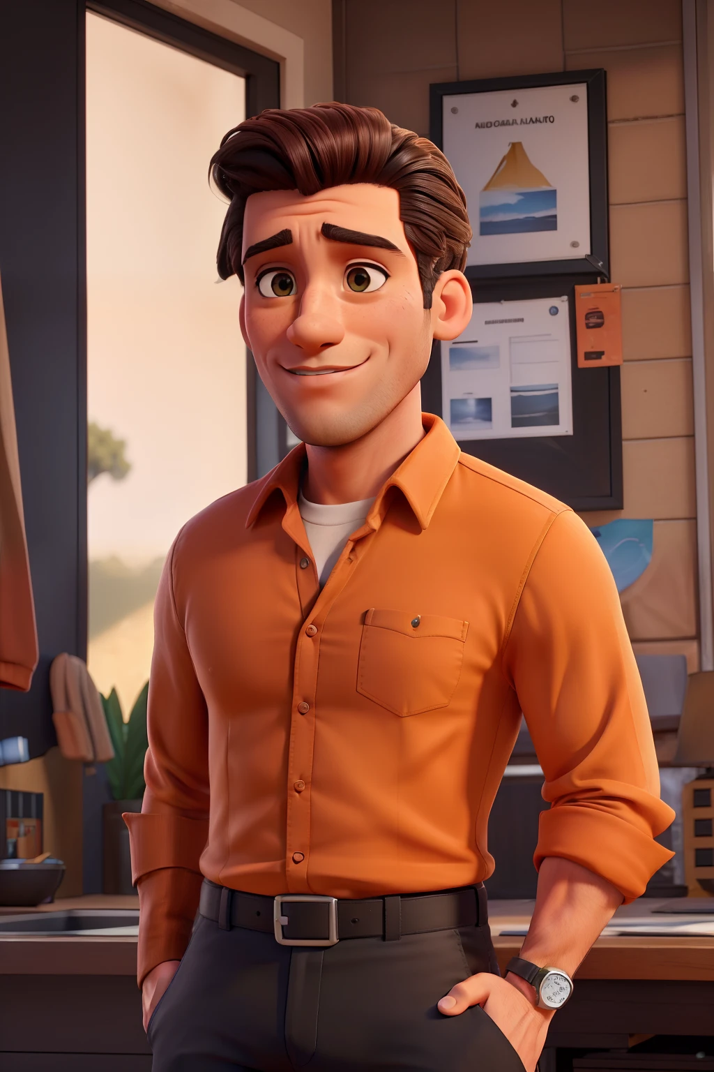 (best quality,4k,8k,Altas,master part:1.2),ultra-detalhado,(Realistic,fotorrealista,photo-realistic:1.37),HDR,UHD,studio lighting,vivid colors,Physically-based rendering,long eyelashes,belos olhos detalhados,maxilar forte,sorriso encantador,(Handsome,atraente:1.1),cabelos pretos,camisa laranja,black pants,muscular build,postura confiante,apontando com o dedo indicador,estilo casual,fundo do jardim,sunlight streaming through the trees,sombras suaves